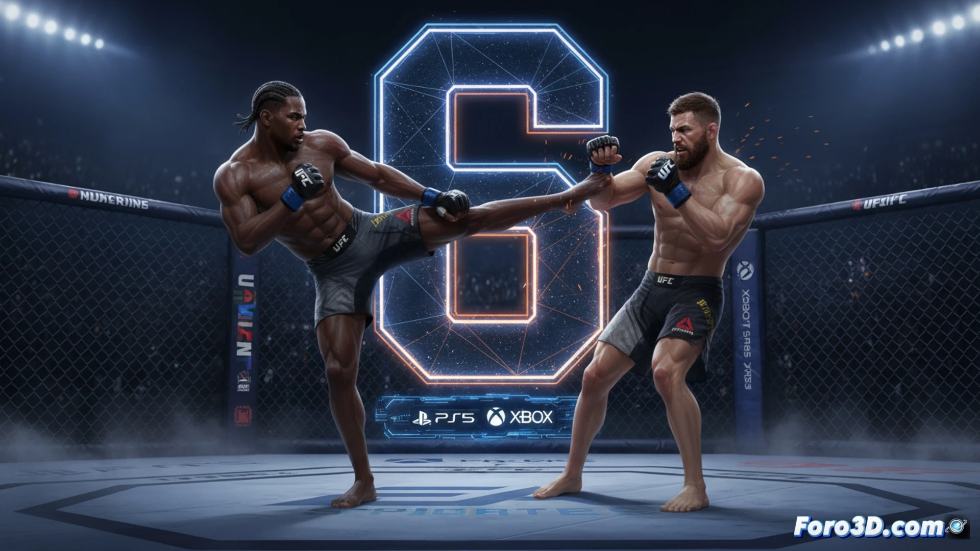 Dos luchadores de UFC se enfrentan en un octágono bajo luces intensas, con la portada del juego EA Sports UFC 6 y la fecha 19 de junio visibles en una pantalla digital.