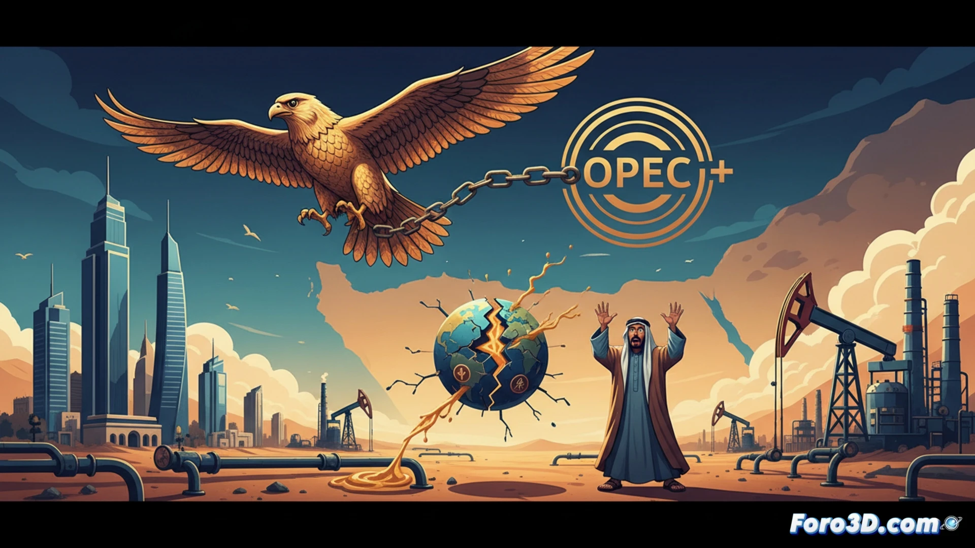 Un mapa del mundo con un oleoducto roto y la bandera de EAU alejándose de la OPEP, simbolizando la ruptura energética.