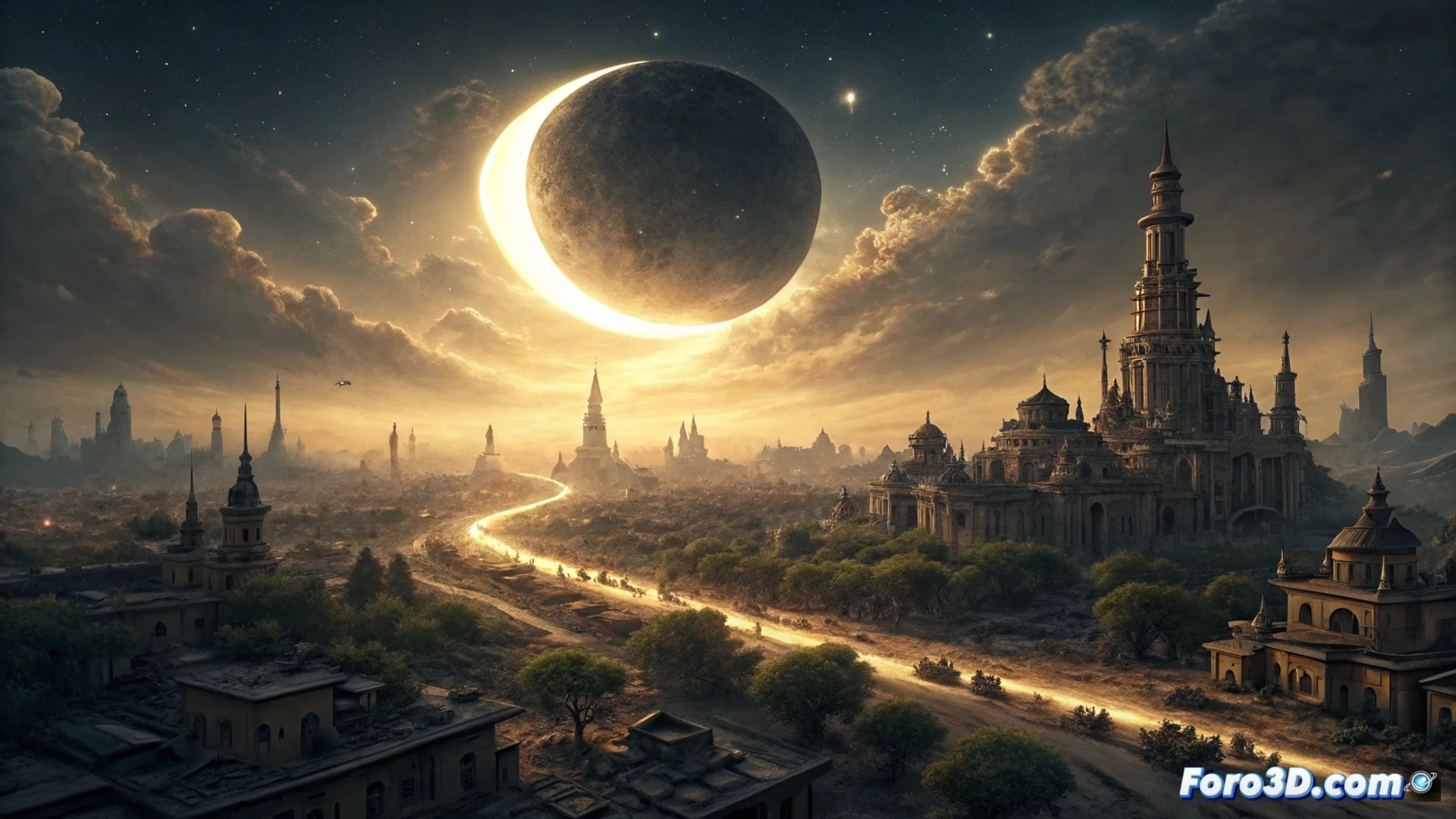 Una imagen dividida: arriba, cielo oscuro con anillo solar; abajo, sismógrafo con línea plana. Calles vacías contrastan con bosques vibrantes. El eclipse silencia el ruido humano.