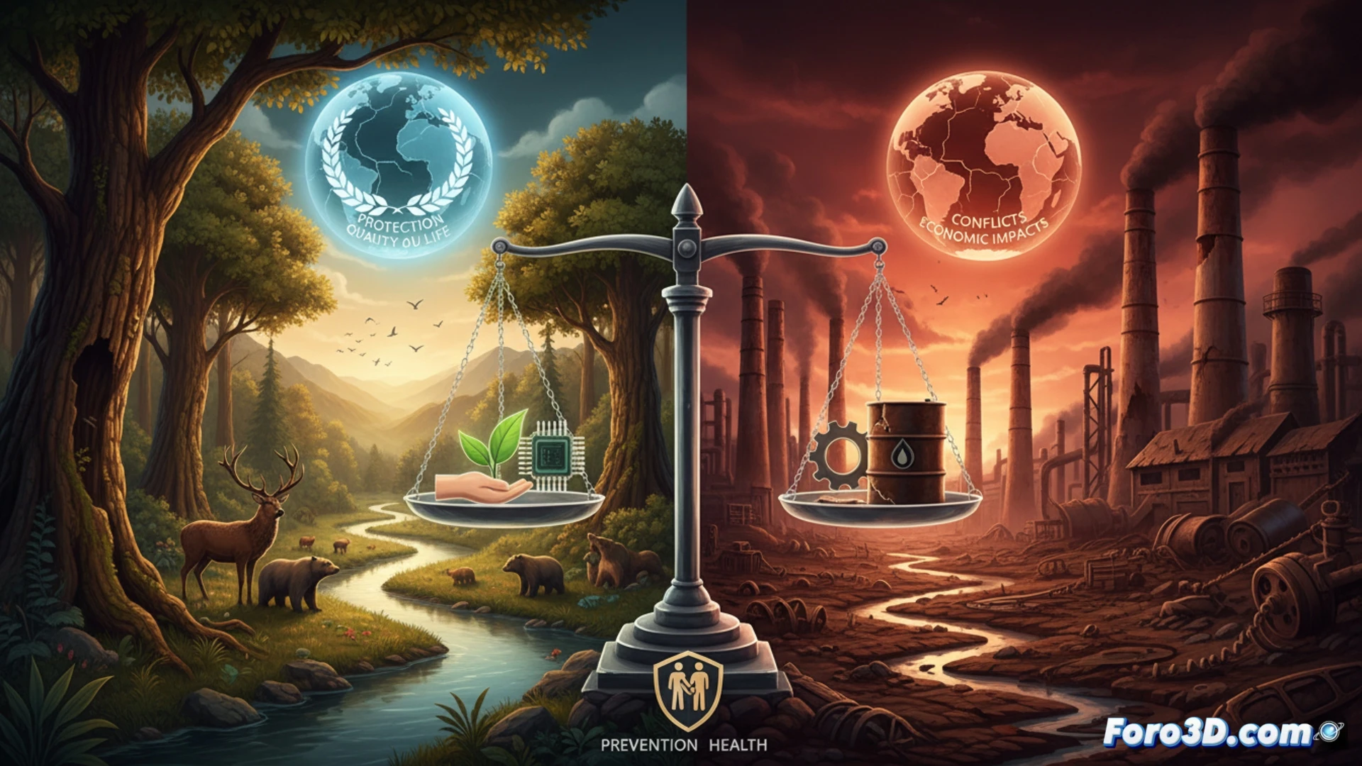 Una corte internacional juzga la destrucción masiva de un ecosistema, simbolizando el debate legal del ecocidio.