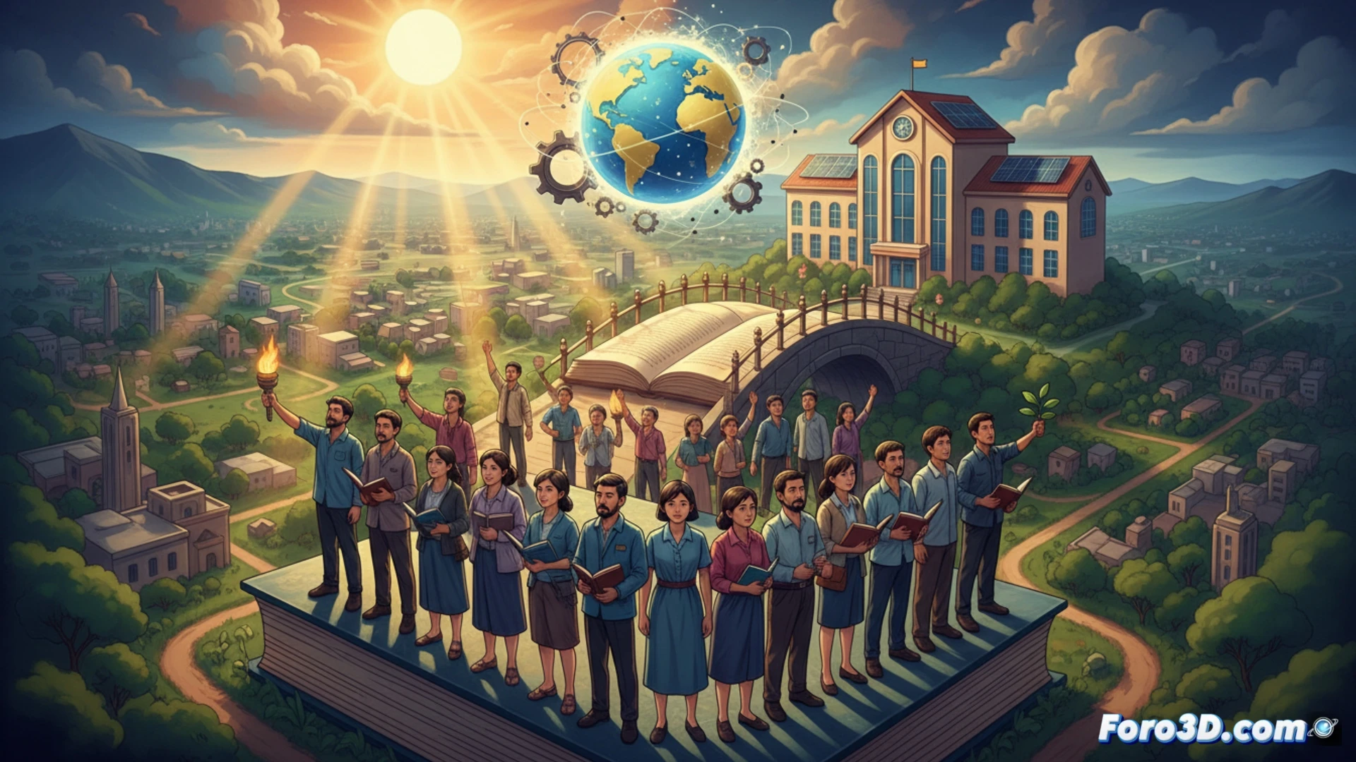 Estudiantes diversos de pie frente a una escuela pública, con libros y una luz brillante que simboliza igualdad y futuro.