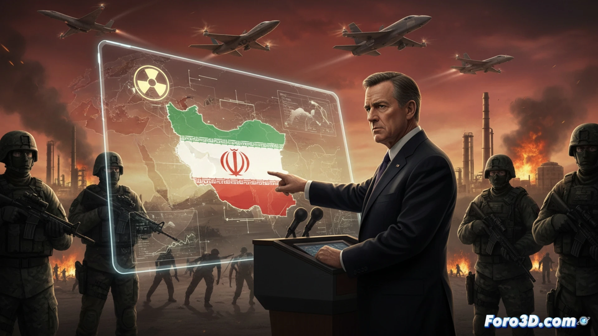 Mapa de Oriente Medio con objetivos militares sobre Irán y una refinería en llamas, símbolos de amenaza y escalada bélica.