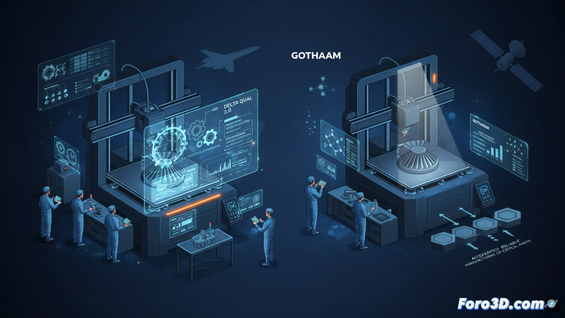 Una impresora 3D fabrica un componente metálico complejo en un laboratorio de alta tecnología del Departamento de Defensa.