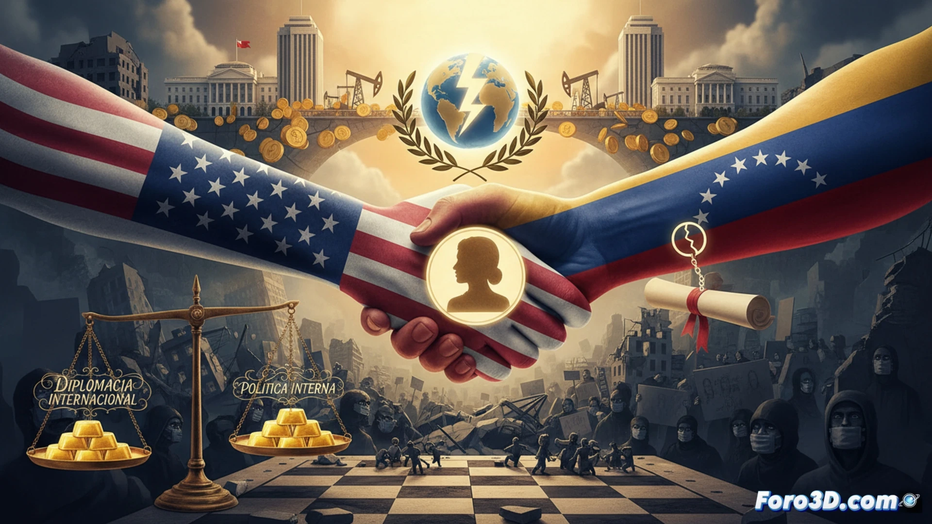 Dos banderas, la de EE.UU. y Venezuela, uniéndose sobre un mapa. En el centro, un documento diplomático sella el acuerdo, mientras se rompen simbólicamente unas esposas judiciales.