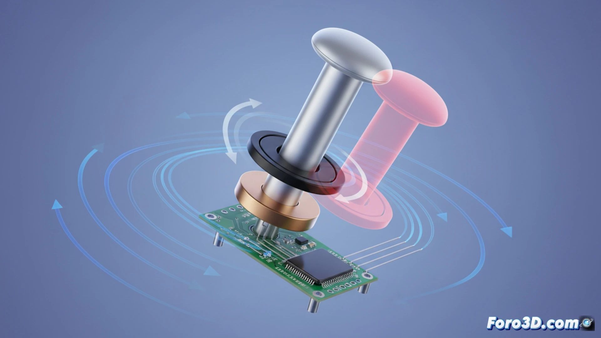 Descripción detallada de la imagen (80-120 caracteres):  
Primer plano de un mando de consola abierto, mostrando un joystick con sensores magnéticos azules brillantes, sobre un fondo de partículas digitales y un libro de física abierto.