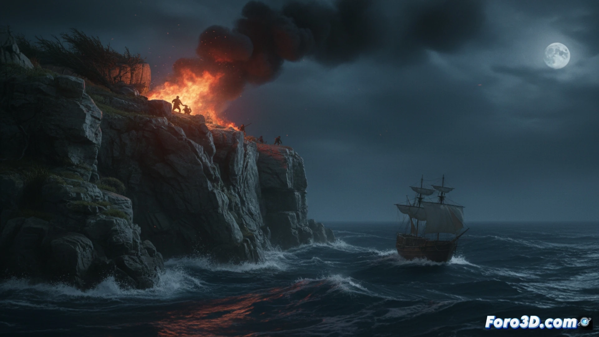 Una escena de acantilado al atardecer, donde el fuego y los personajes, creados digitalmente, se funden con absoluto realismo en el paisaje.