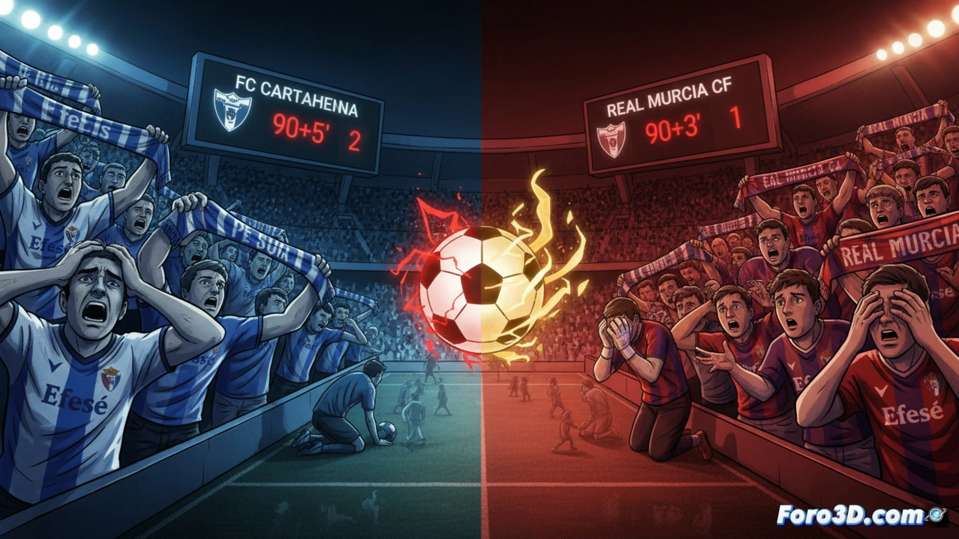 Un jugador celebra un gol en el último minuto, mientras rivales en azul y grana muestran frustración en el césped.