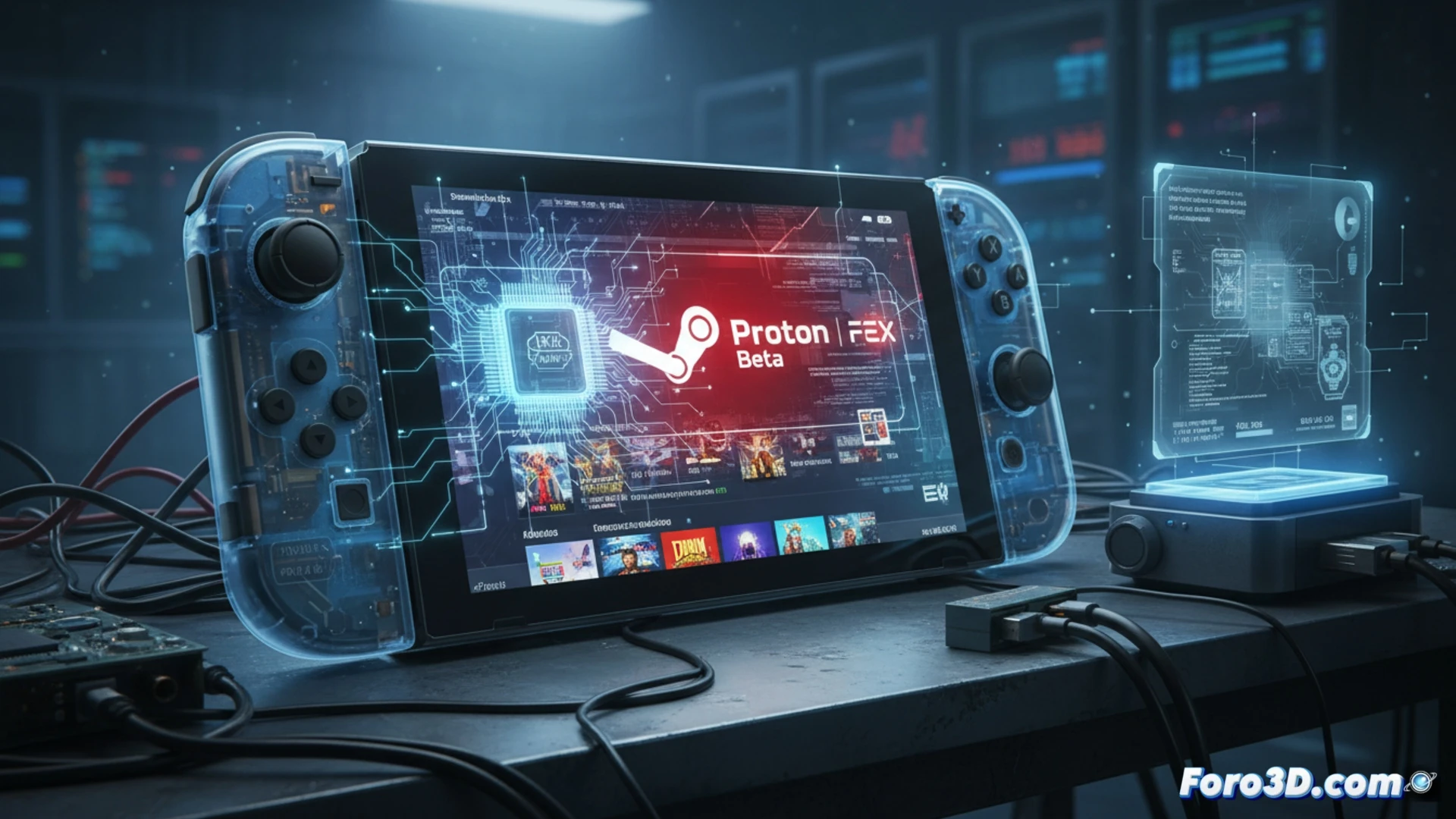 Una Nintendo Switch ejecutando la interfaz de Steam en su pantalla, mediante capas de compatibilidad.