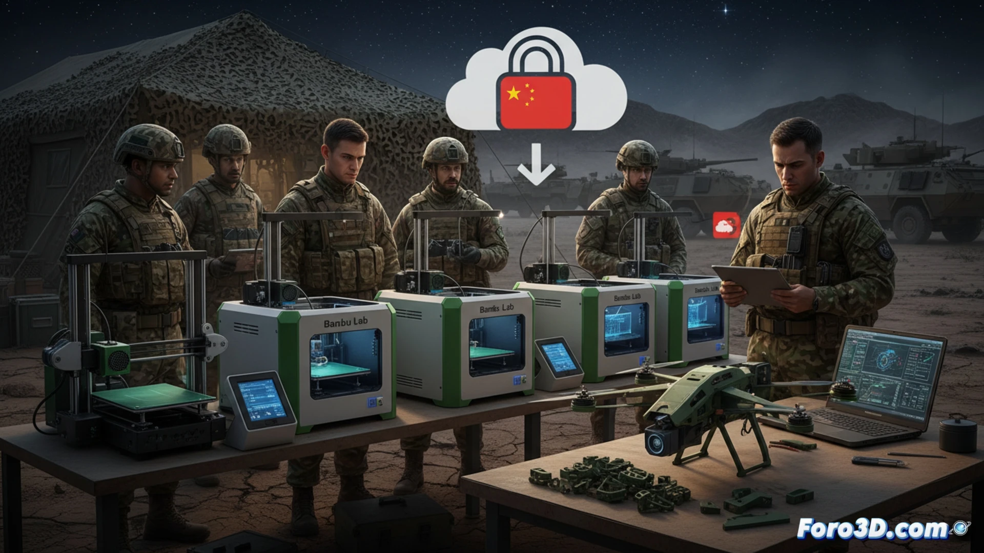 Un soldado británico en Kenia opera una impresora 3D Bambu Lab conectada a la nube, fabricando un dron FPV de ataque sobre un mapa táctico.