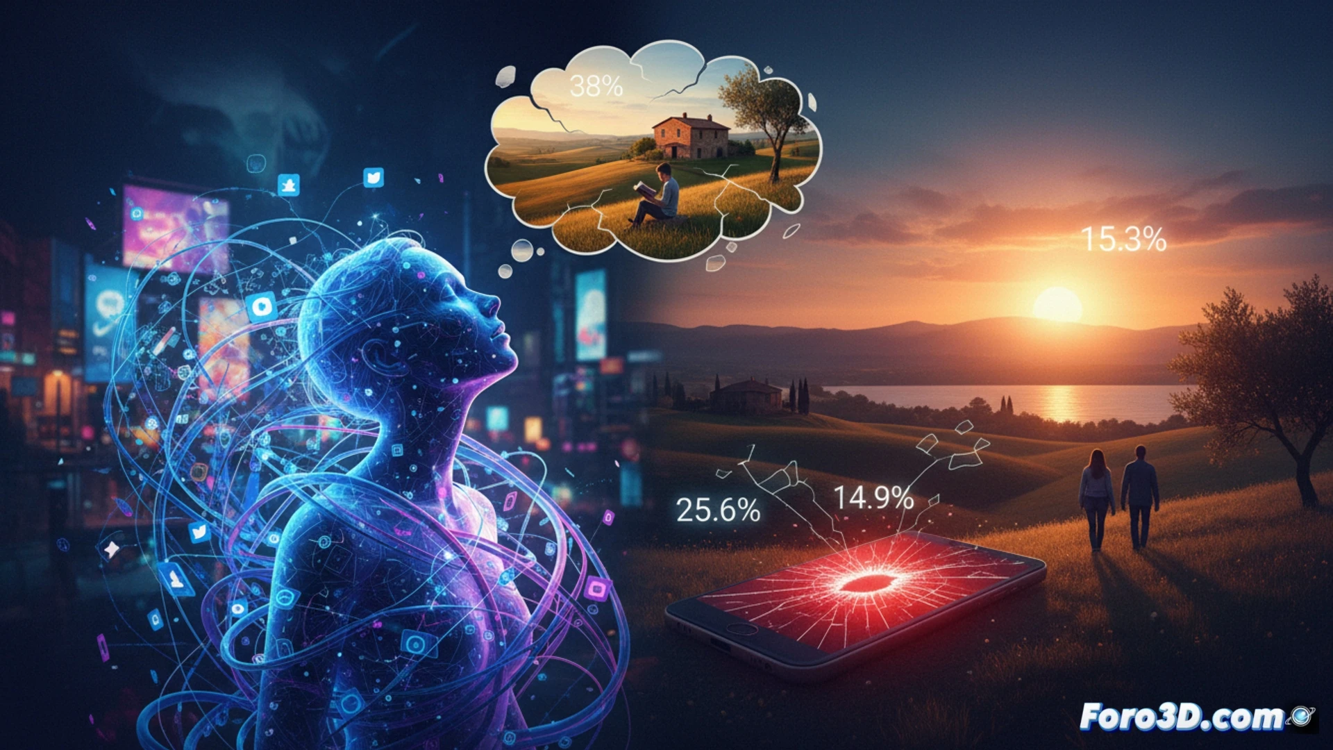 Un italiano apaga su móvil sobre una mesa, rodeado de libros y café, mientras una burbuja digital se desvanece al fondo.