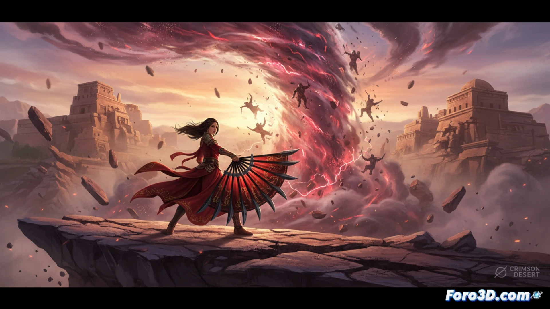 Una bruja blandiendo un abanico, generando un tornado que arrasa una fortaleza en un paisaje desértico rojizo.