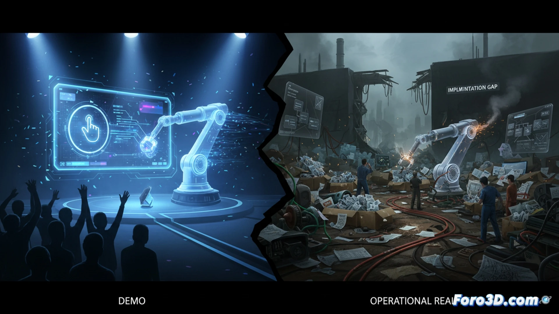 Una mano sostiene un chip brillante sobre un escritorio caótico lleno de papeles y cables enredados.