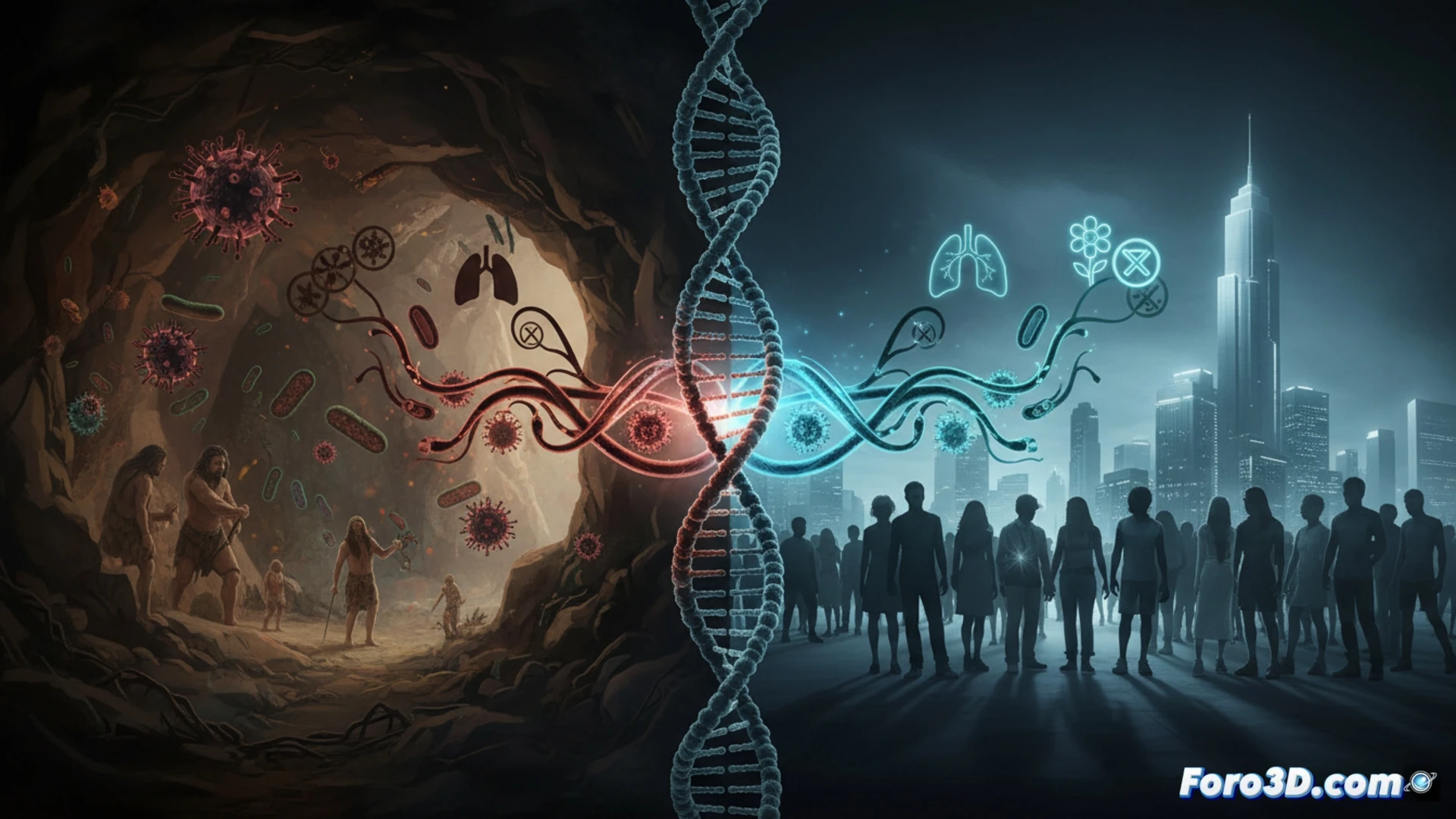 Una doble hélice de ADN se bifurca en dos caminos: uno antiguo, polvoriento, y otro moderno, con partículas alérgenas flotando.