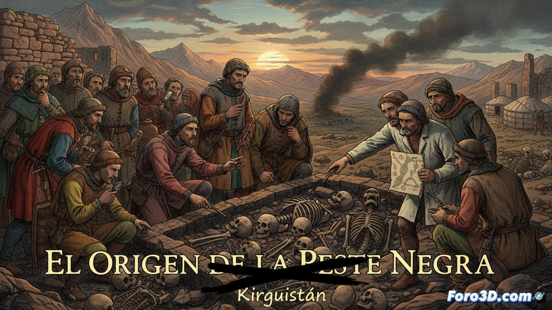 Una excavación arqueológica en Kirguistán donde científicos analizan restos óseos para rastrear el origen genético de la peste negra.
