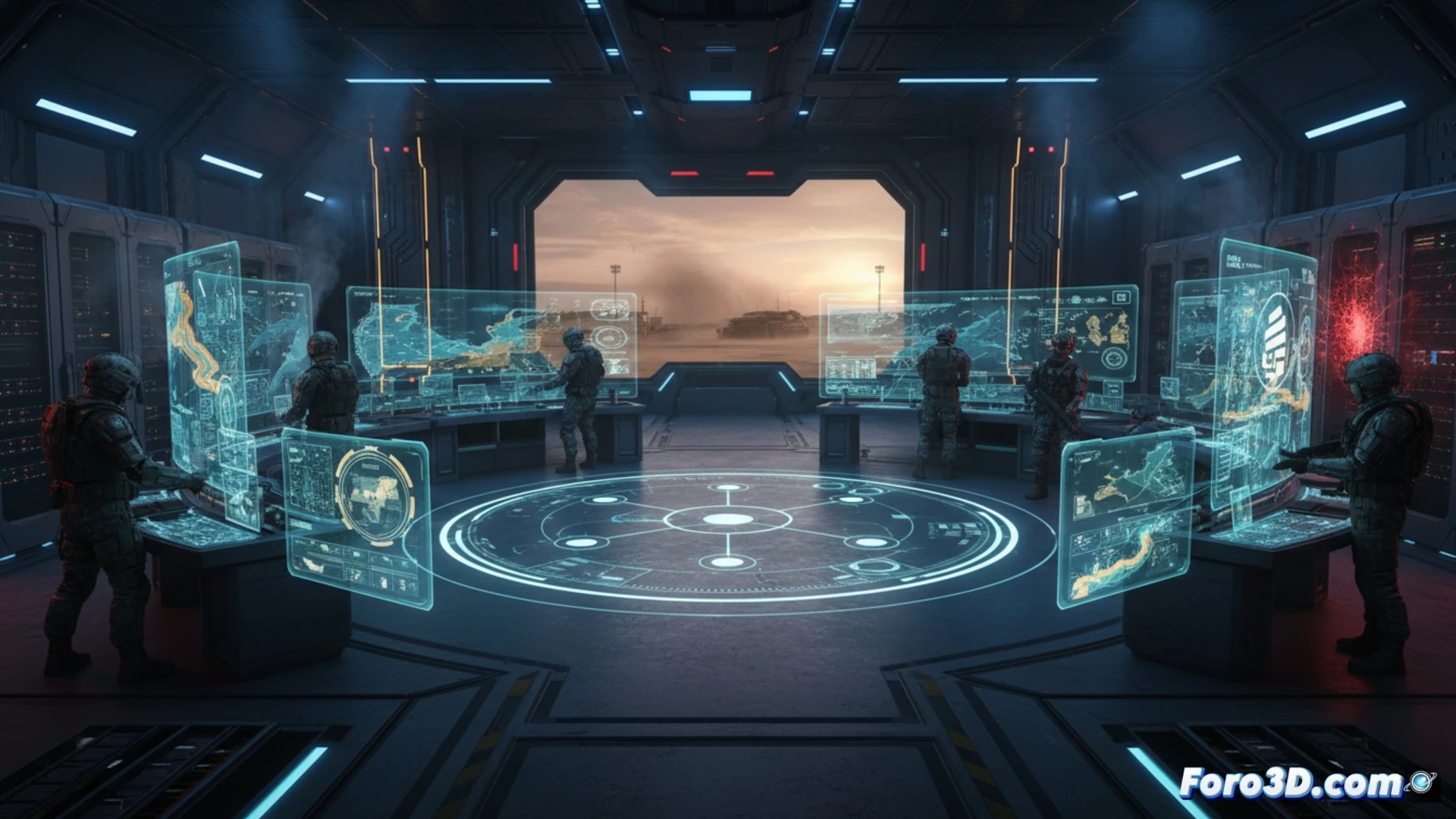 Soldado accede a datos federados desde un terminal, con iconos de fuentes dispersas convergiendo en su pantalla.