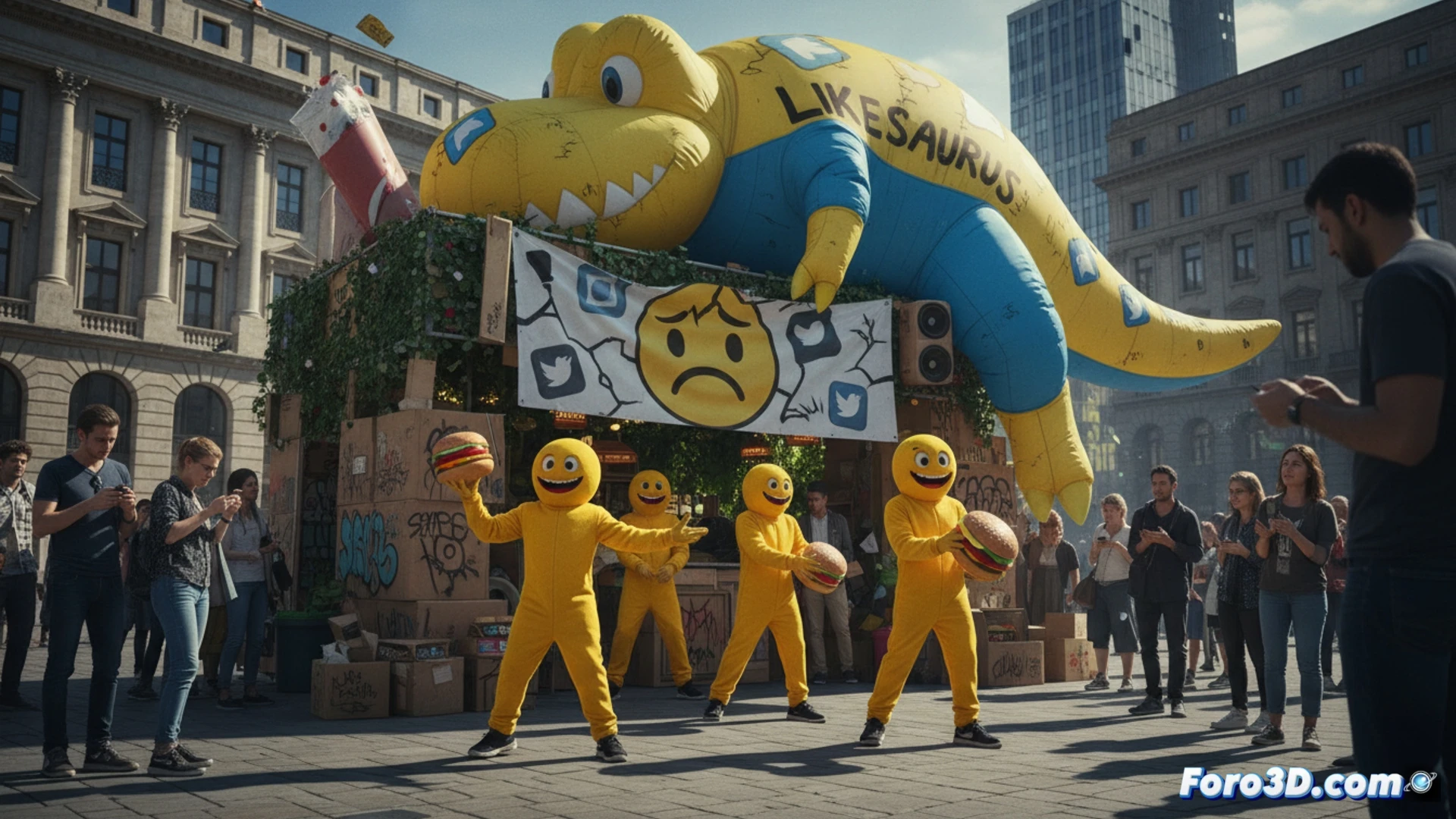 Una calle urbana saturada de pegatinas, stencils y carteles de marcas, con transeúntes que pasan indiferentes.