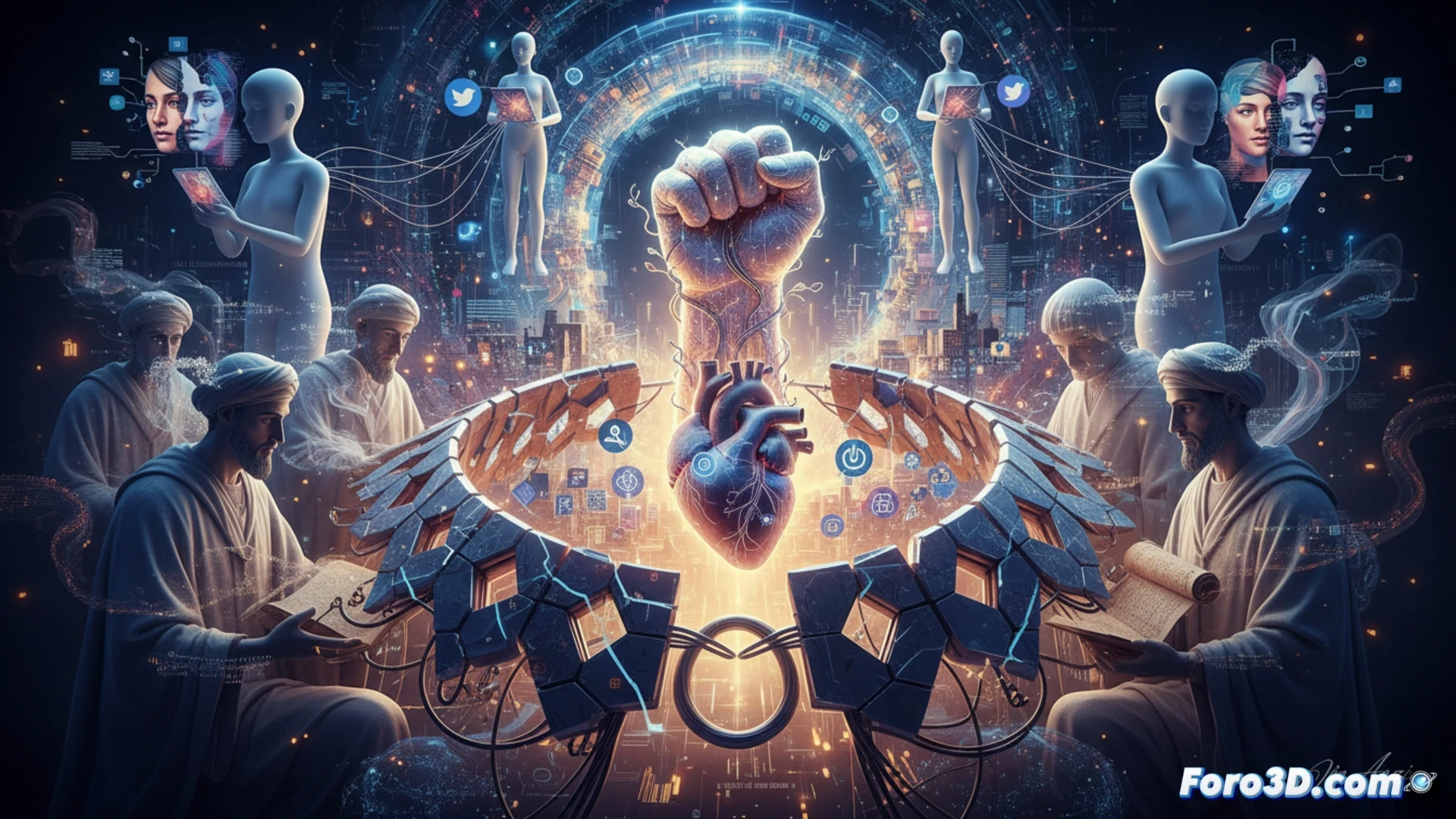 Escultura digital abstracta de un corazon fragmentado, con piezas flotando en un espacio virtual oscuro, iluminadas con datos luminosos.