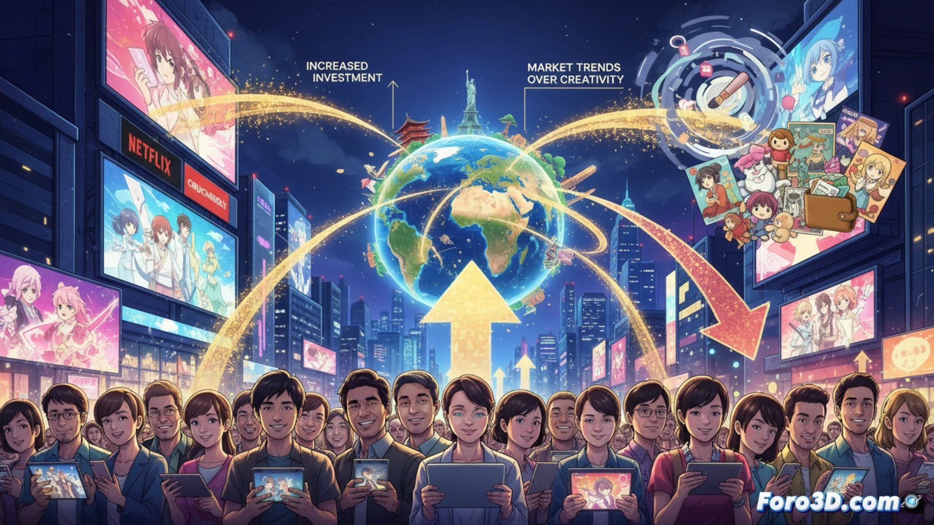 Un planeta cultural con símbolos de anime brillando sobre mapas globales y multitudes diversas.