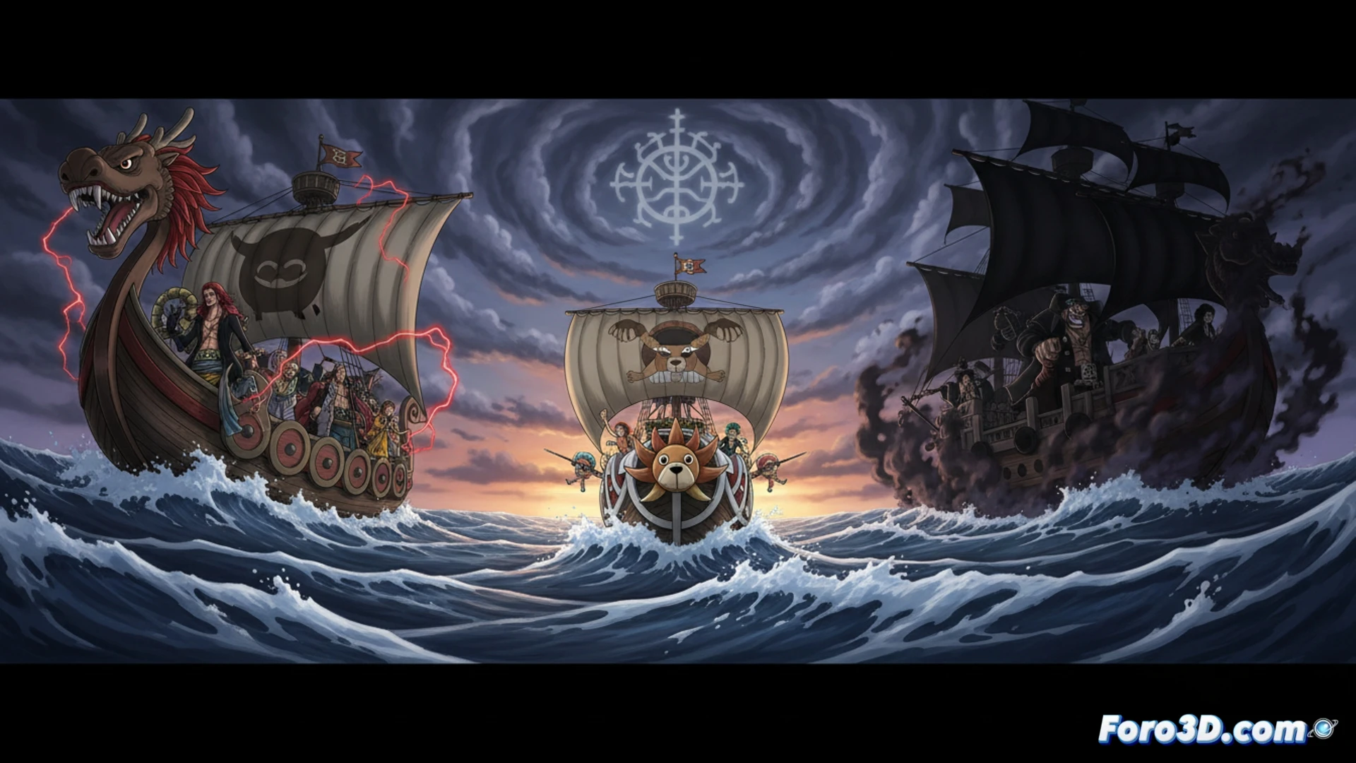 La tripulación de Luffy navega hacia Elbaf, atrapada en el peligroso mar entre los barcos de Barbanegra y Shanks, dos Emperadores del Mar.