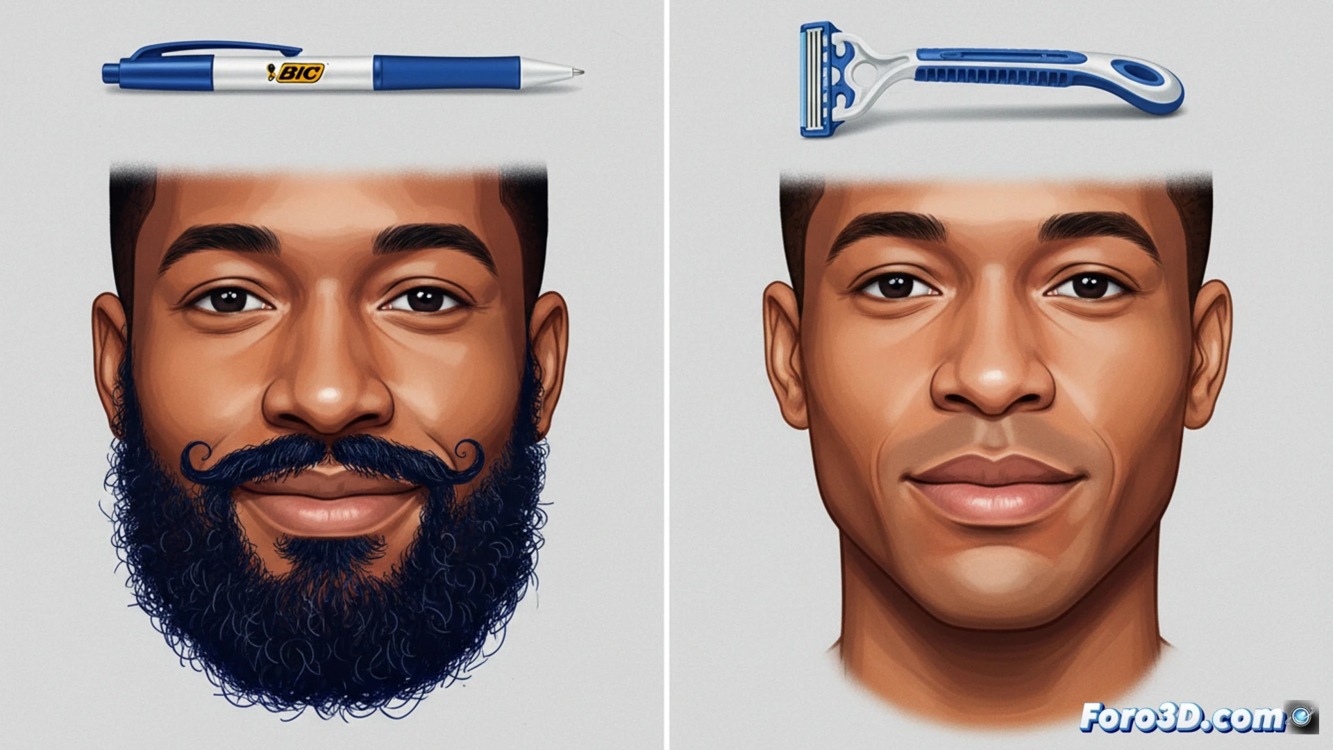 Anuncio de Bic: un hombre con bigote y barba dibujados con bolígrafo; al lado, afeitado con maquinilla de afeitar. Misma cara, dos productos, un concepto visual.