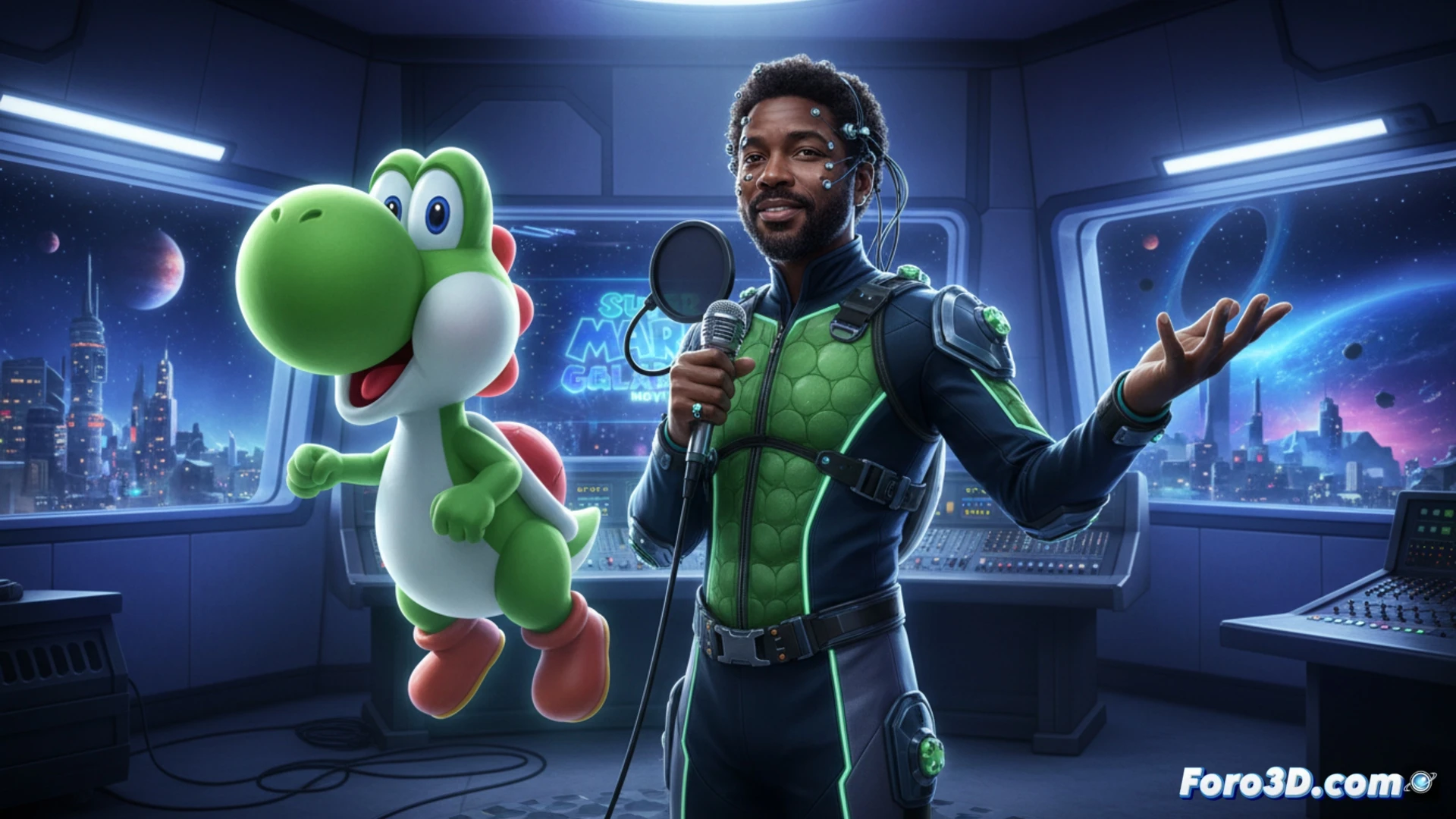 Donald Glover en cabina de grabacion, dando voz a Yoshi para la pelicula animada de Super Mario Galaxy.