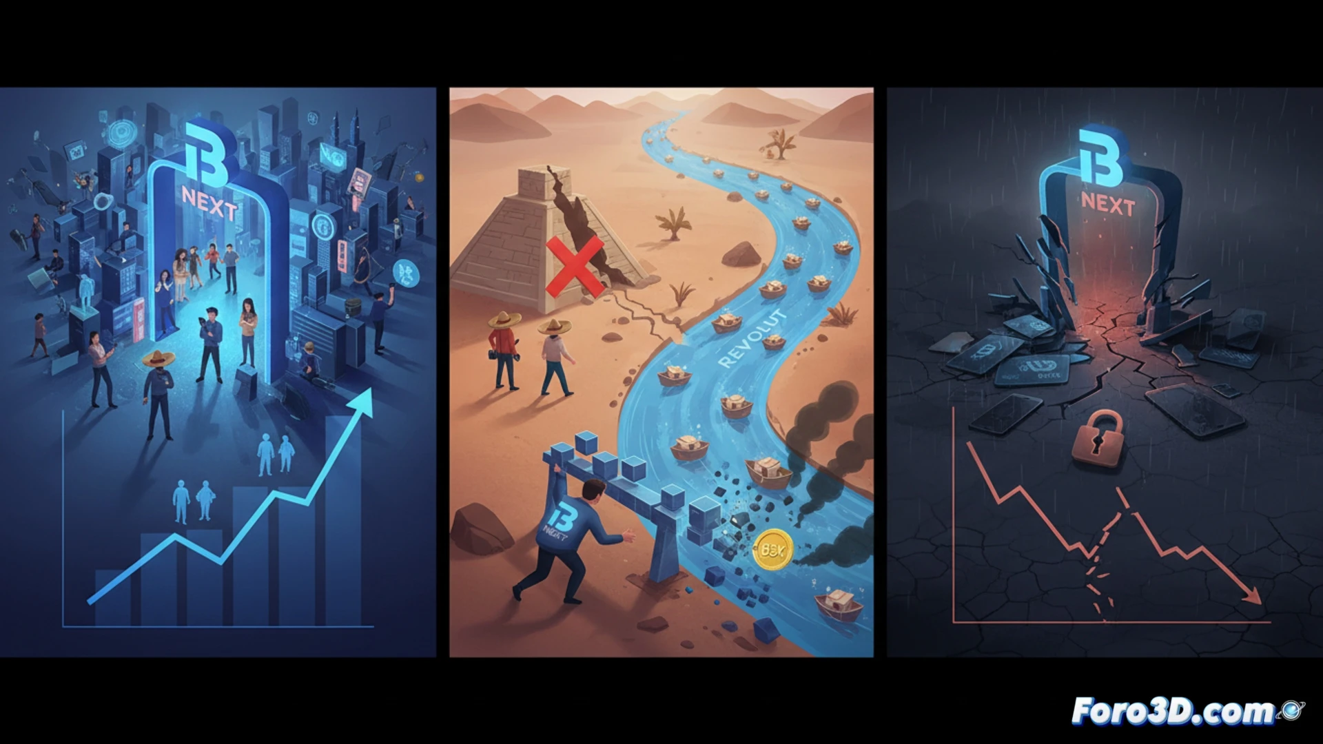 Una tarjeta rota sobre un gráfico que cae en picado, con el logo de Bnext desvaneciéndose.