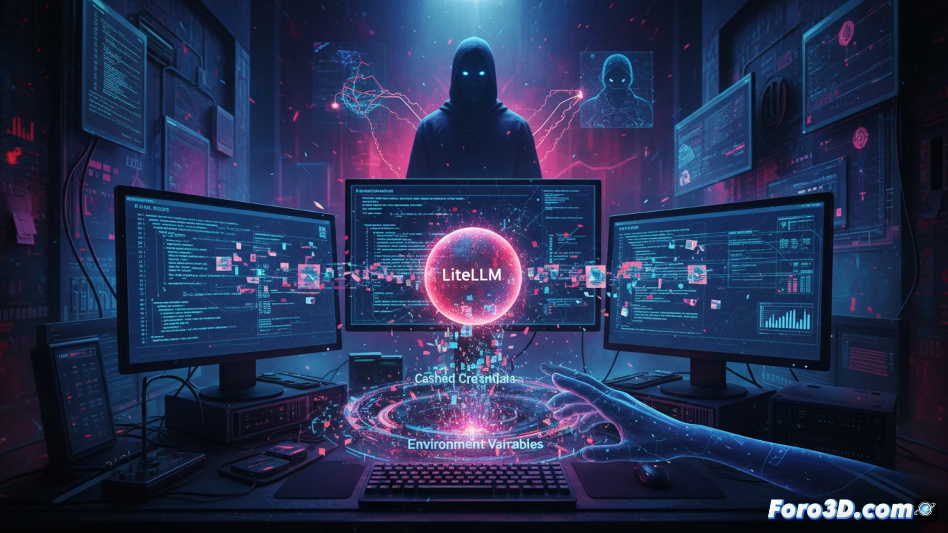 Una estación de desarrollo con código vulnerable y un pop-up de alerta de malware en la terminal.