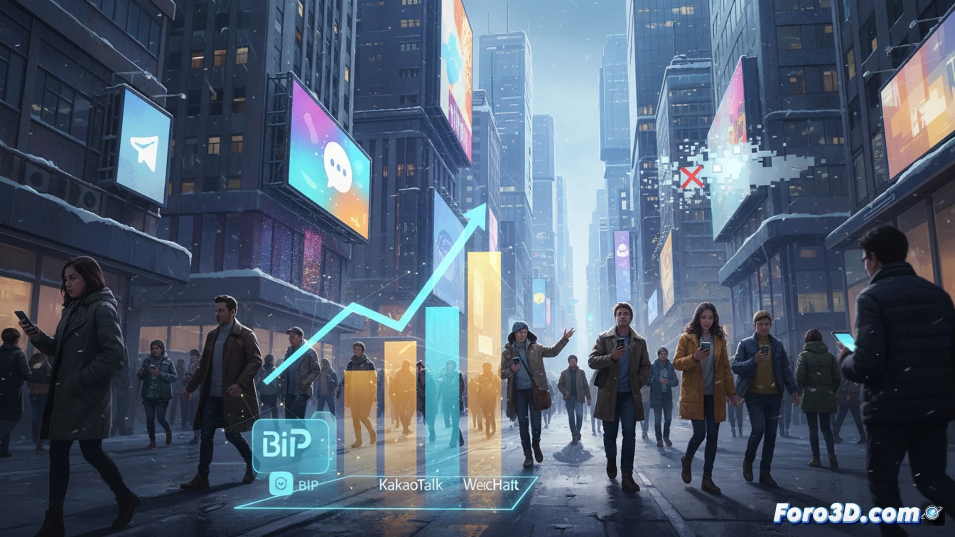 Un teléfono móvil muestra varias apps de mensajería asiáticas abiertas, con gráficos de crecimiento superpuestos.