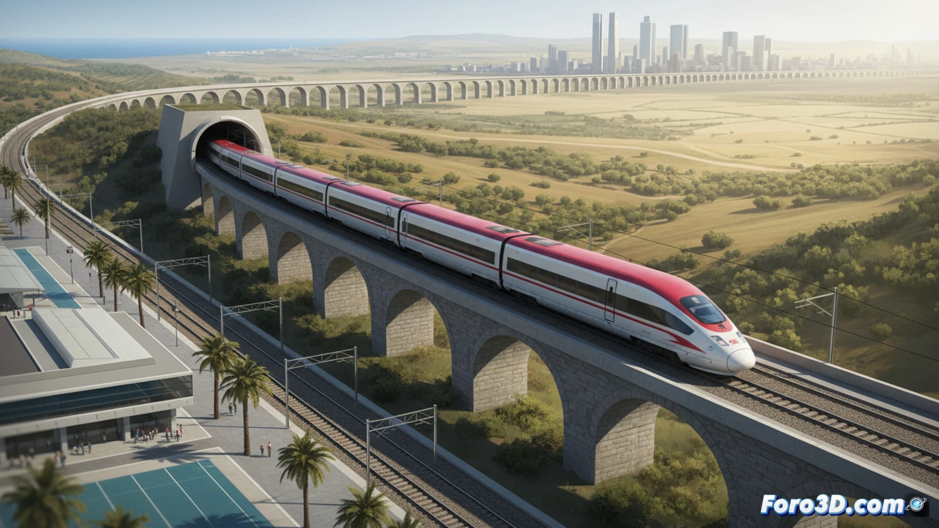 Un AVE plateado cruza un paisaje andaluz al atardecer, simbolizando el restablecimiento del viaje sin sobresaltos entre Málaga y Madrid.