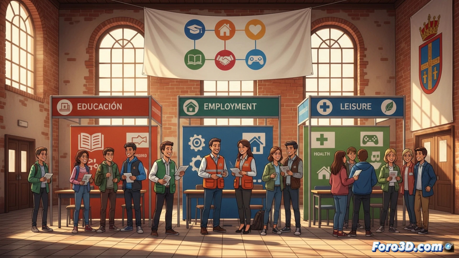 Un monitor juvenil del Ayuntamiento de Daimiel asesora a estudiantes en un instituto, con folletos y pantallas sobre educación, empleo y ocio.