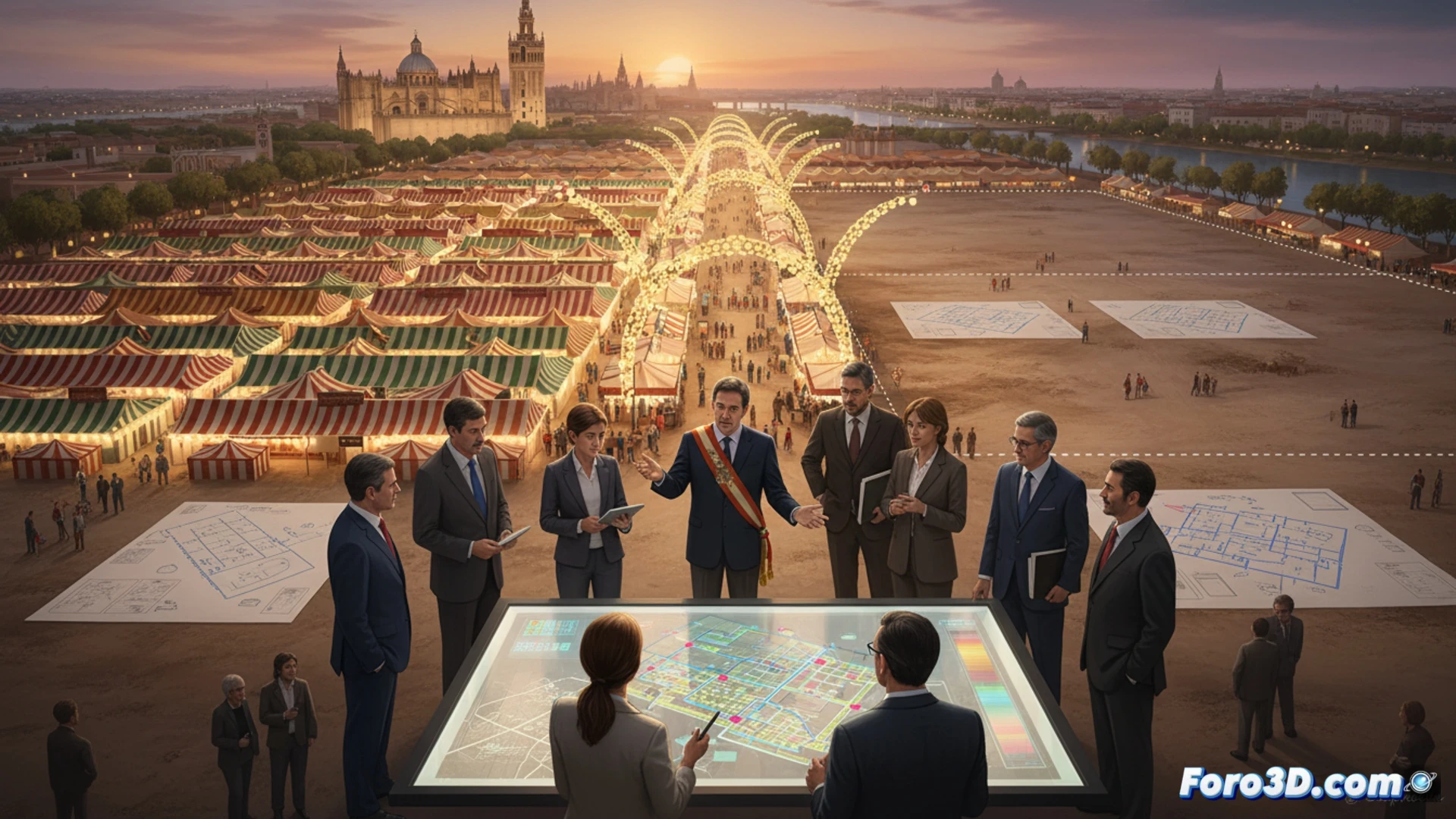 Plano del recinto ferial con nuevas calles trazadas en rojo, casetas iluminadas y visitantes fluyendo entre farolillos de colores.