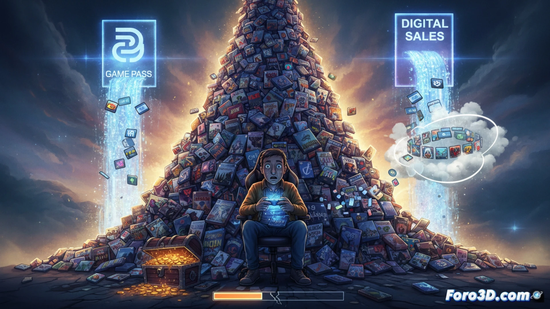 Una pila de juegos físicos y digitales se alza como una torre inestable, con un jugador abrumado mirándola. Su expresión refleja ansiedad, no entusiasmo.