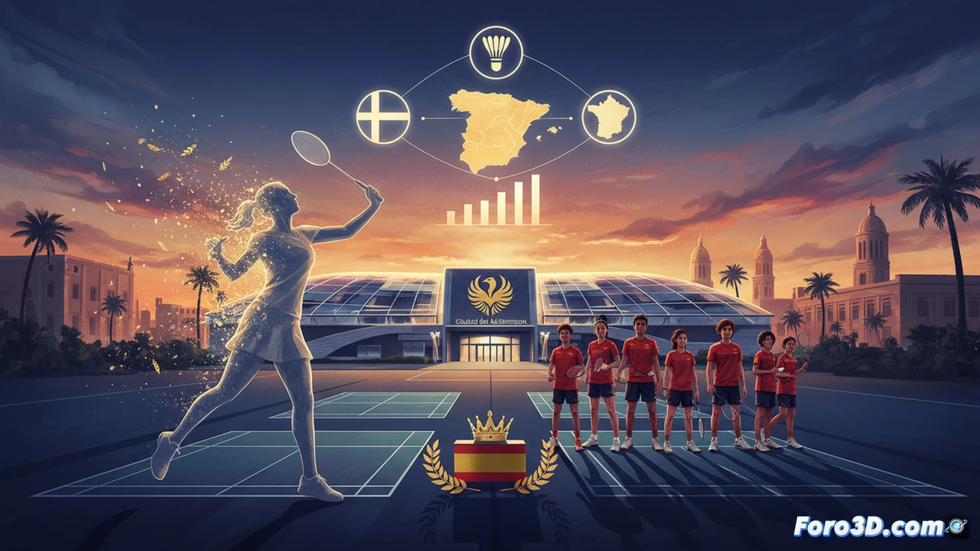 Una raqueta de bádminton rodeada por varias más pequeñas, simbolizando el futuro colectivo del deporte español.