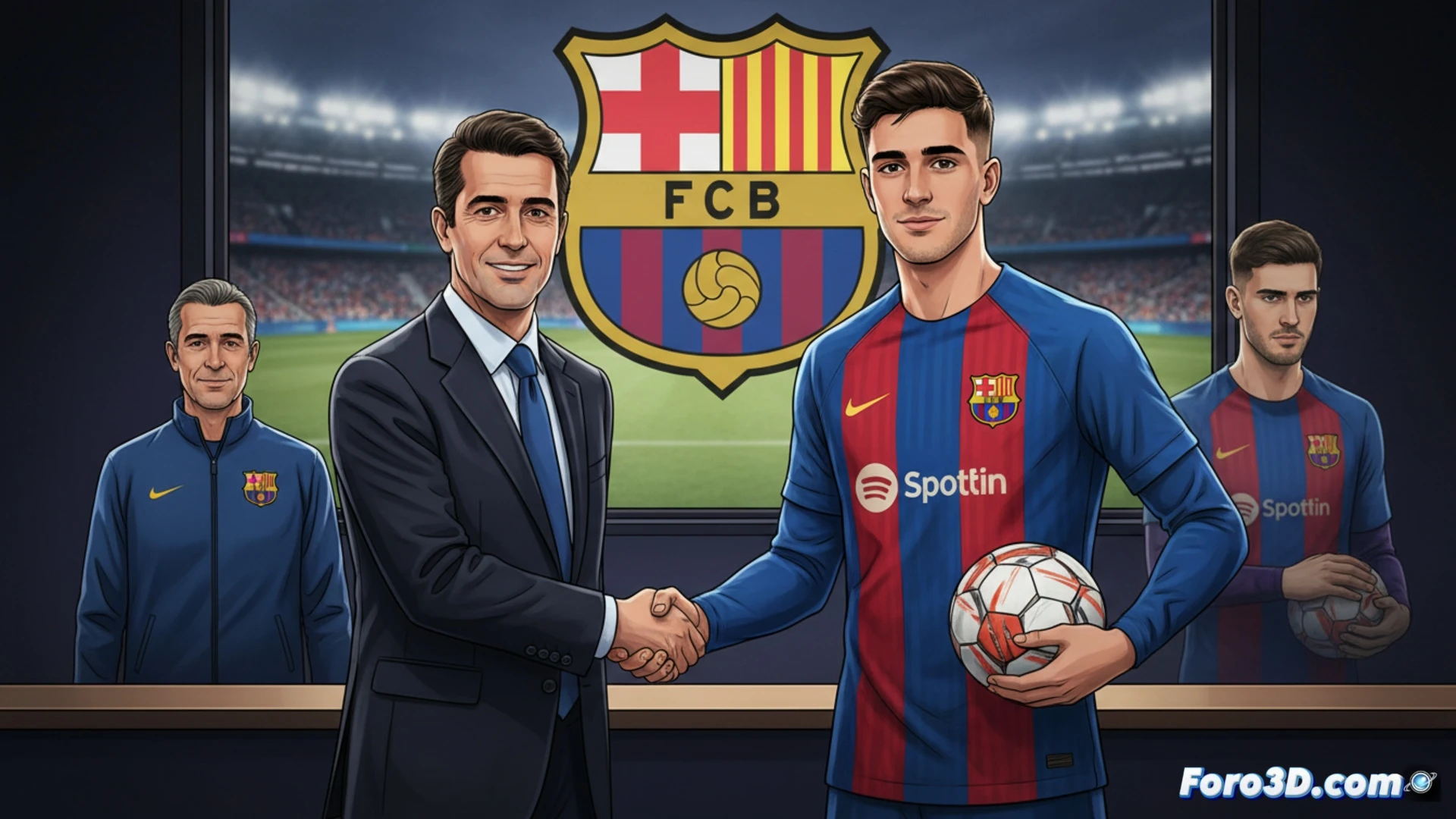 Un joven portero Marcos Fir junto a su padre Julio, ambos con la camiseta del Barça, mientras Kiko Costa observa a lo lejos.