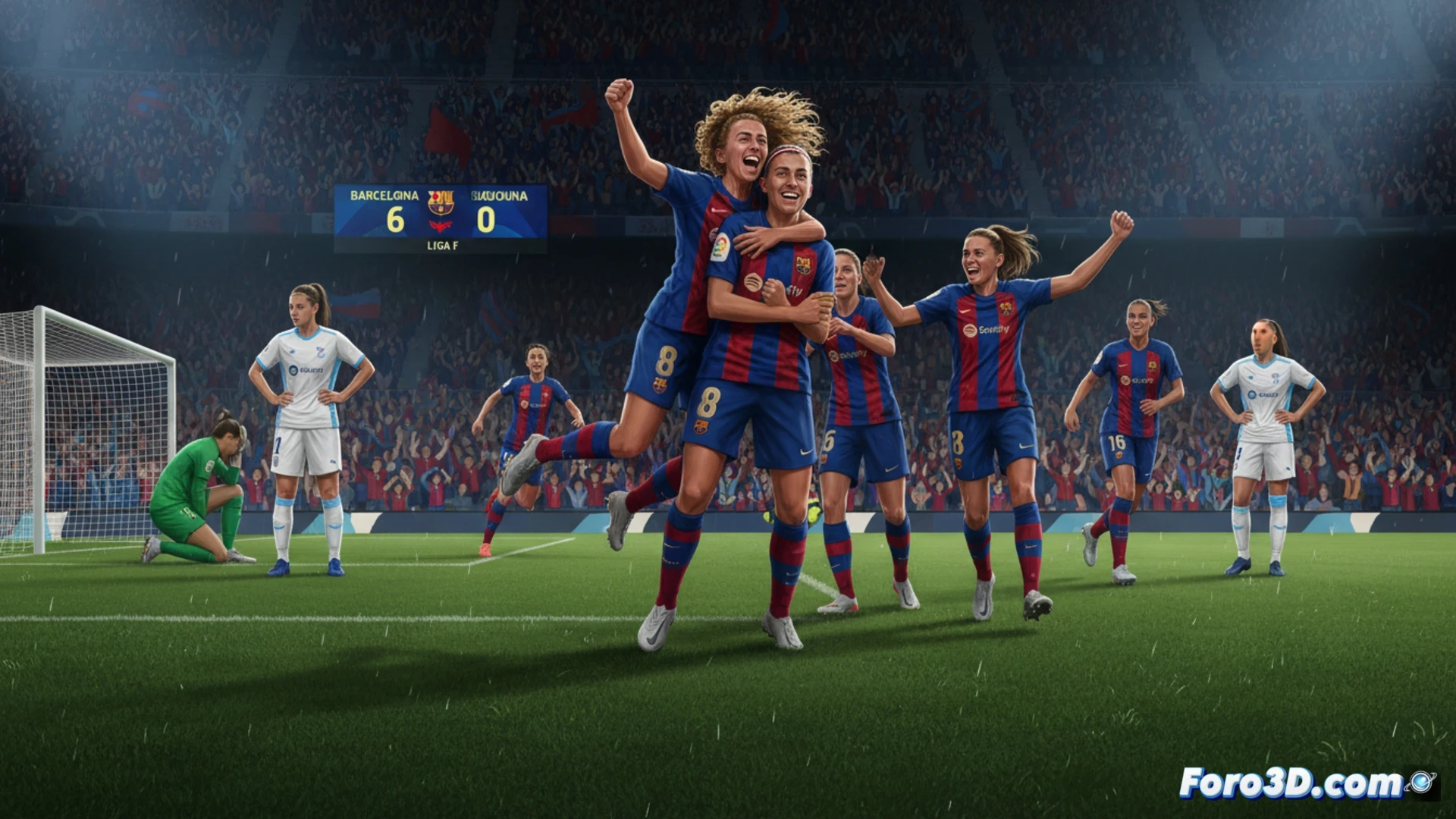 El Barcelona Femenino celebra un gol en su contundente victoria 6-0 sobre el Badalona, acercándose al título de Liga F.