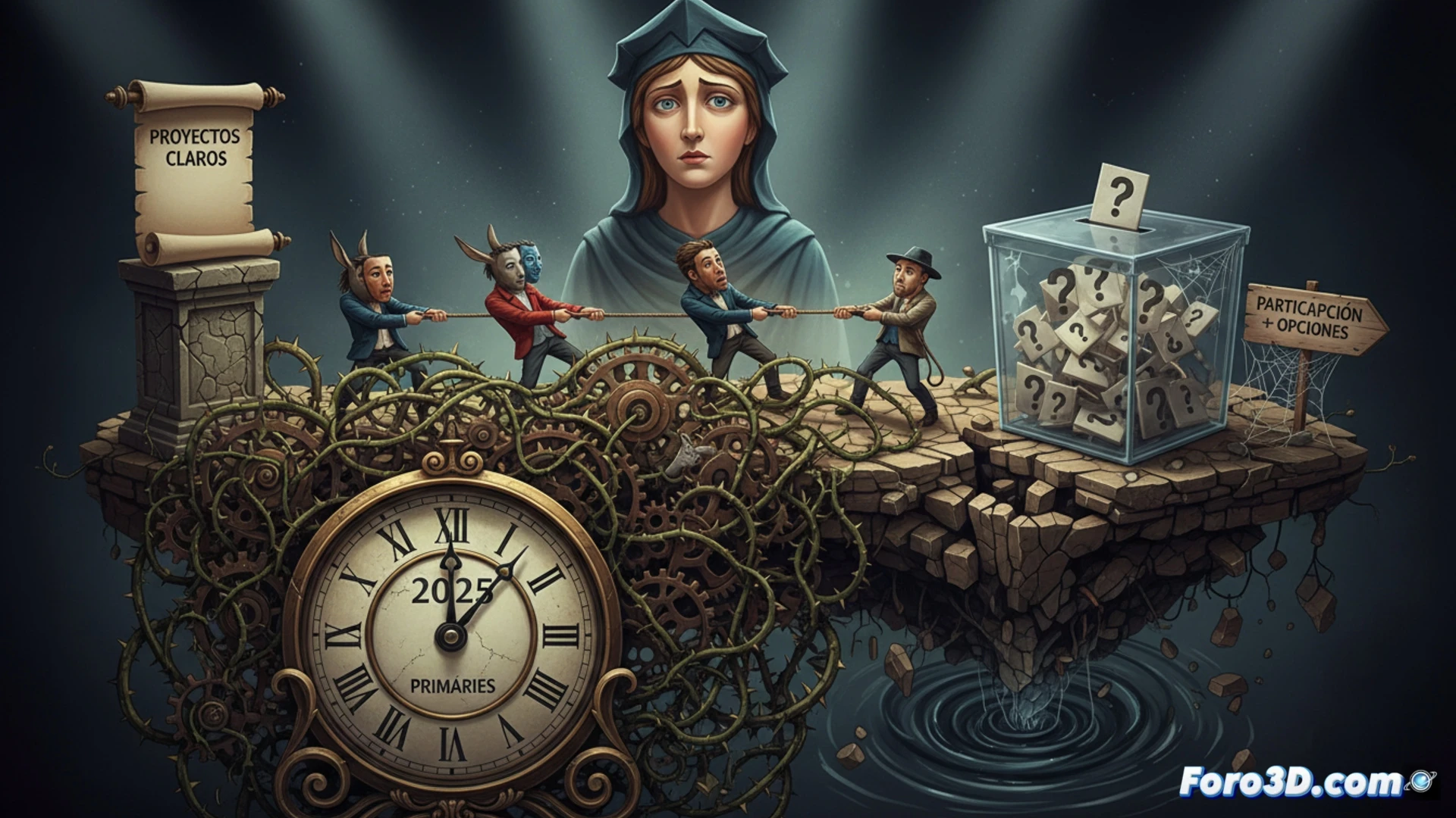 Una multitud frustrada frente a una urna electoral con candado, reflejando estancamiento político.