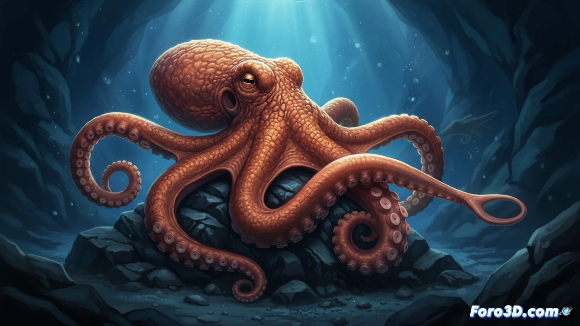 Modelo 3D de un pulpo macho destacando en color su brazo hectocotilo, especializado para la reproduccion.