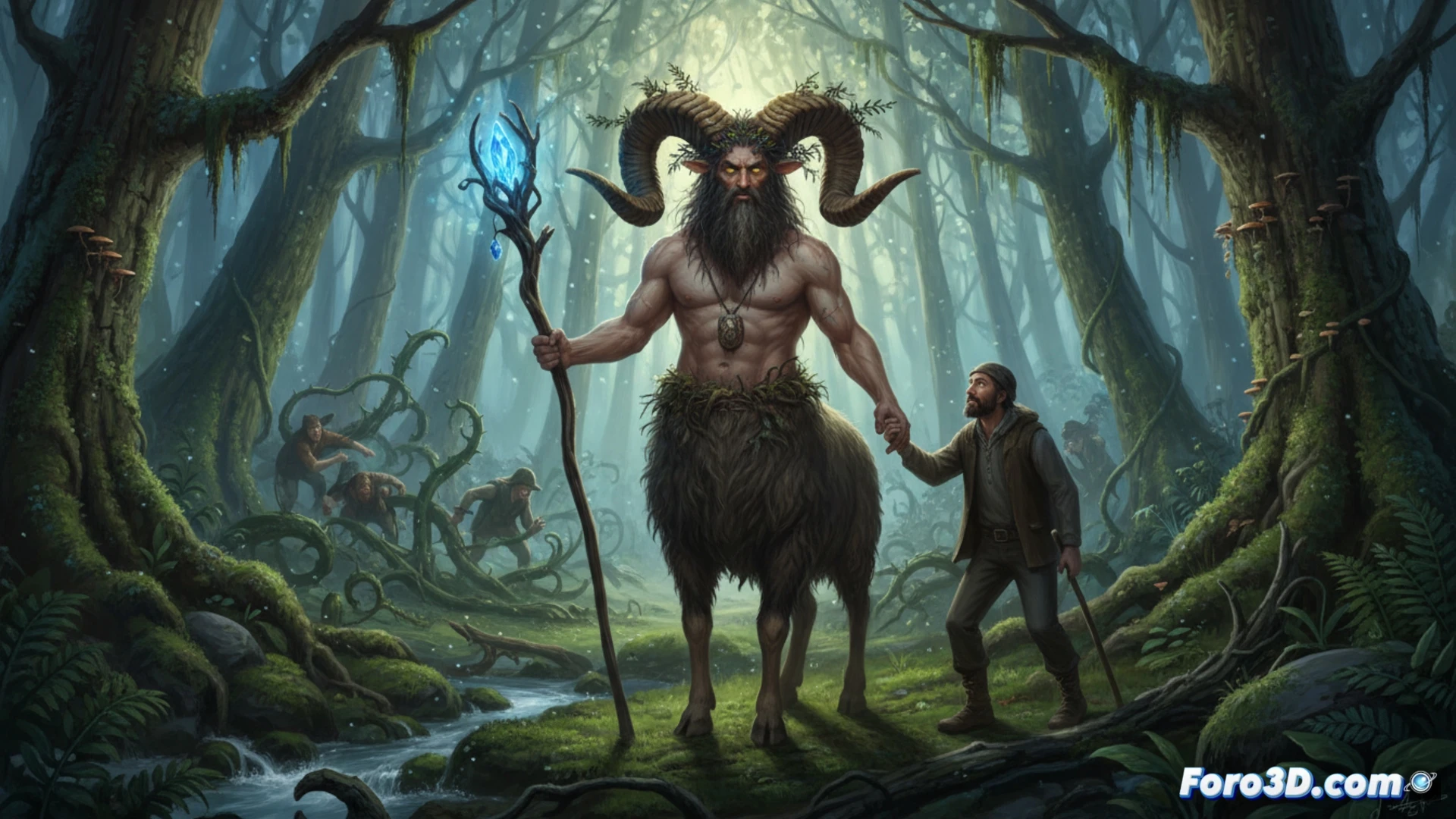 Un ser mitad cabra mitad hombre, observando un bosque asturiano entre luces y sombras, simbolizando la dualidad de su protección y castigo.