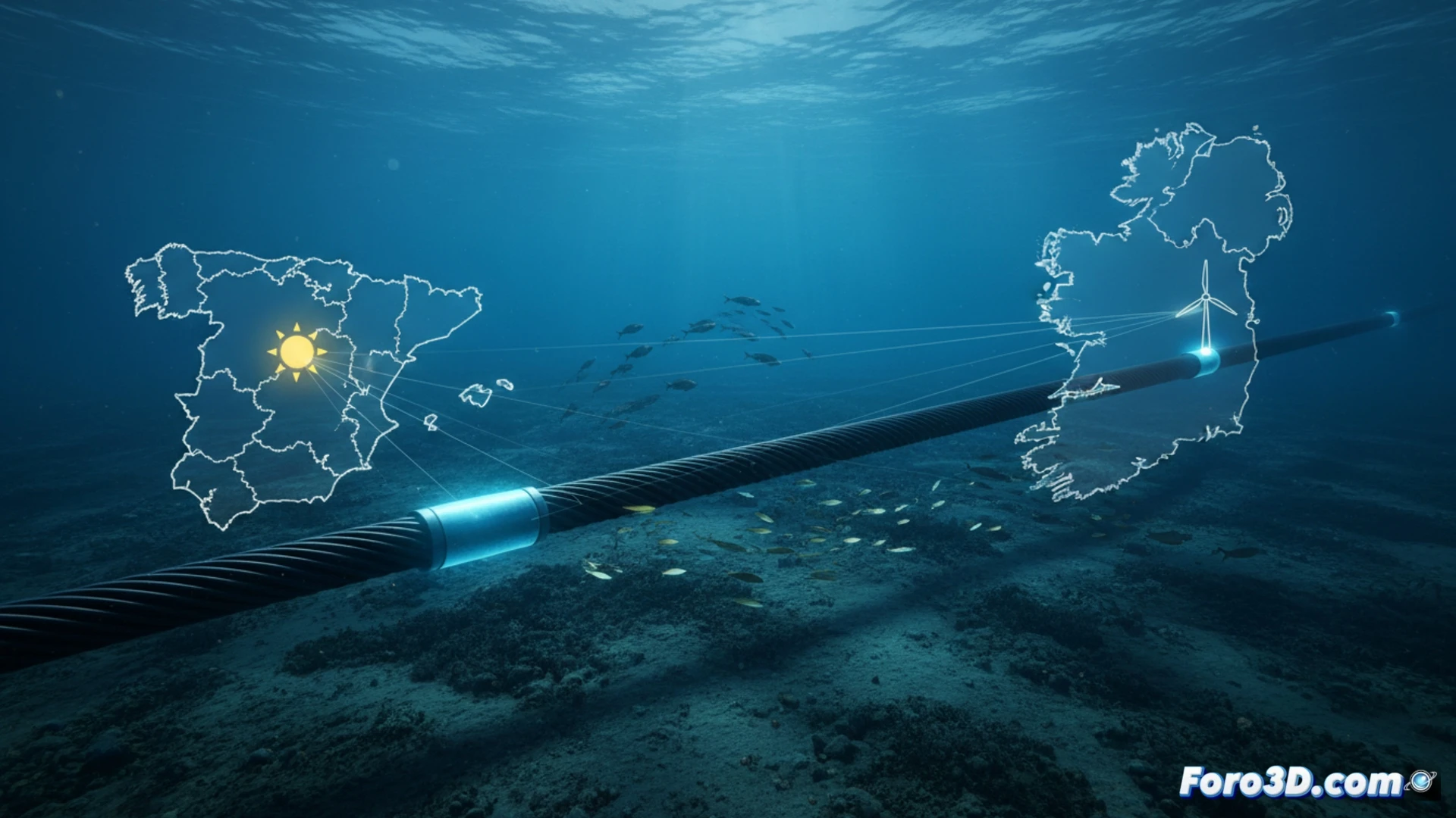 Mapa del cable submarino entre Asturias e Irlanda sobre fondo del Atlántico con iconos solares
