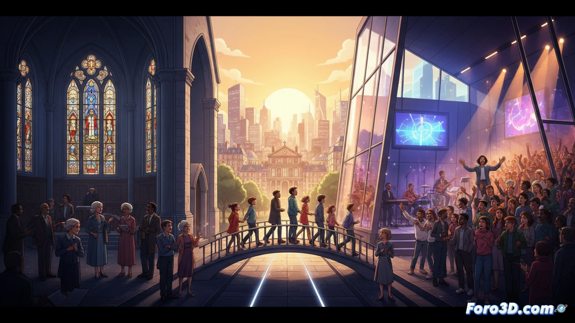 Una iglesia evangélica moderna y llena, contrastando con un templo protestante histórico y austero.