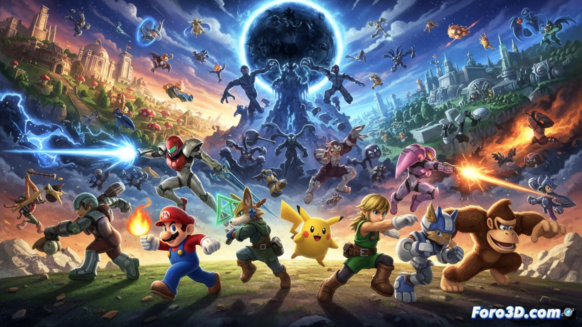 Una nave de la Alianza del Subespacio sobrevuela un campo de batalla donde Mario, Link, Samus y Kirby se alían frente a un ejército de Primids.