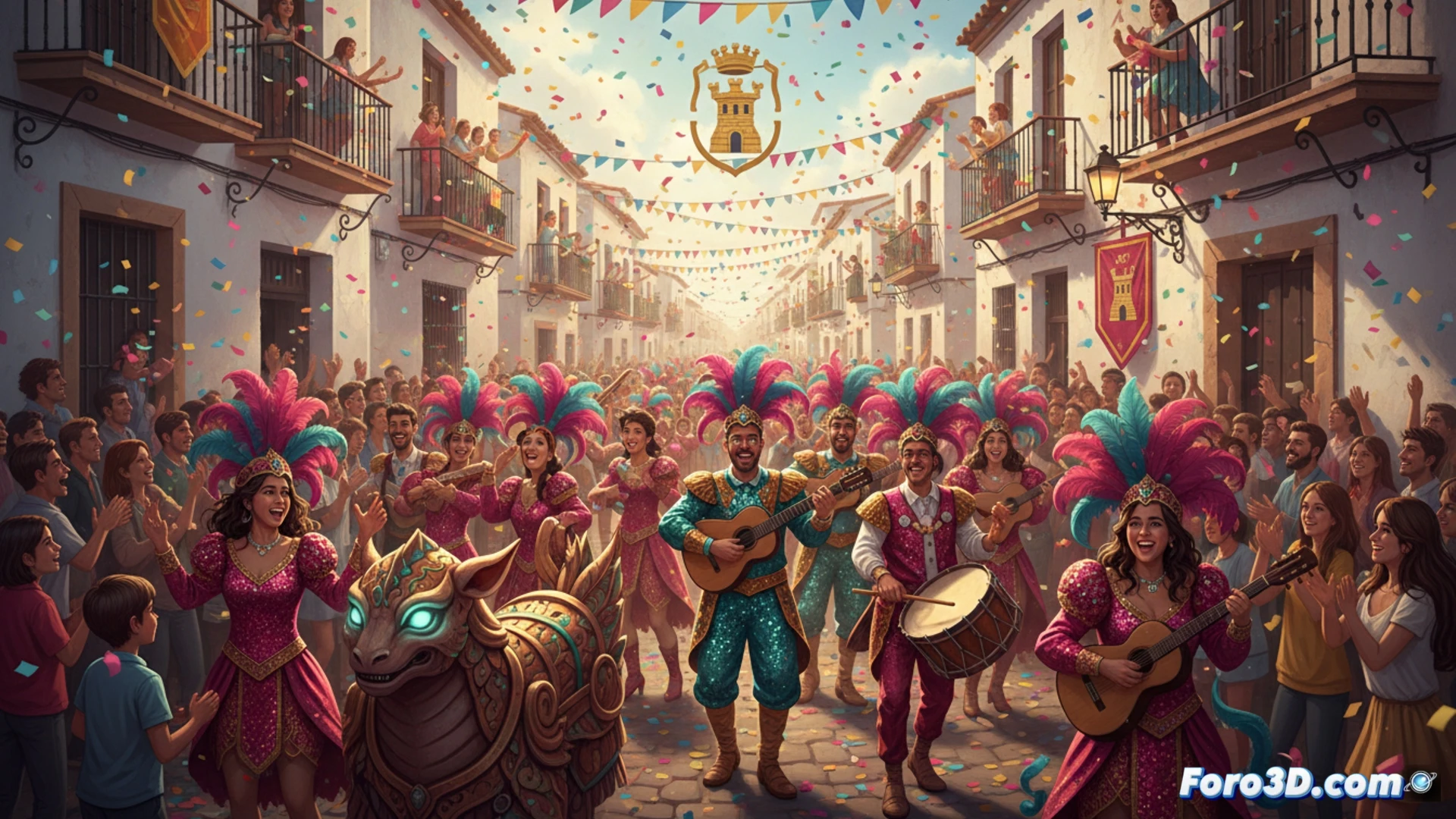 Una comparsa carnavalera desfila con trajes coloridos y música por una calle de Alcalá de Guadaíra.