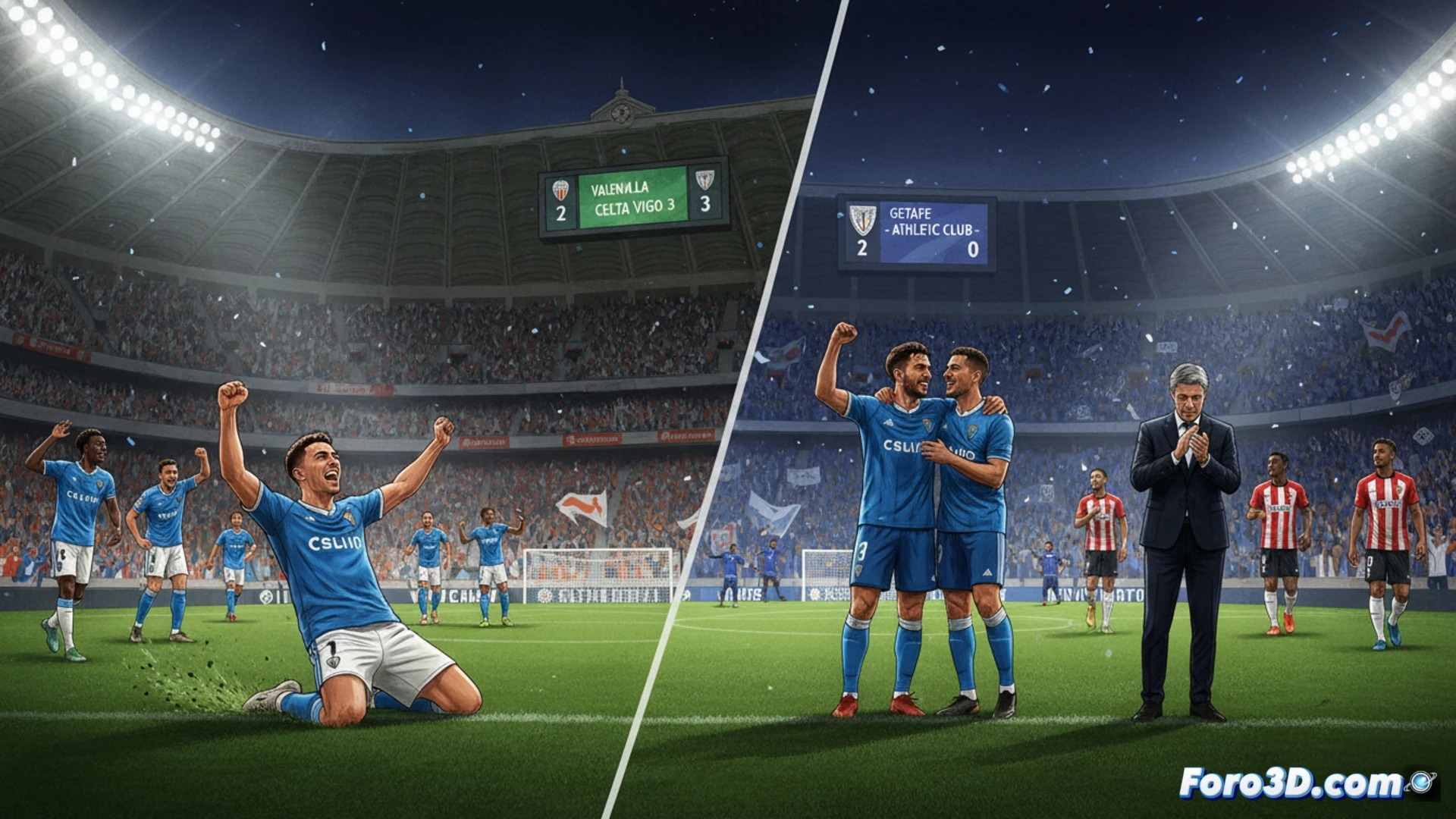 Un jugador del Celta celebra un gol en Mestalla, mientras en otro plano un aficionado del Getafe vitorea su victoria sobre el Athletic.