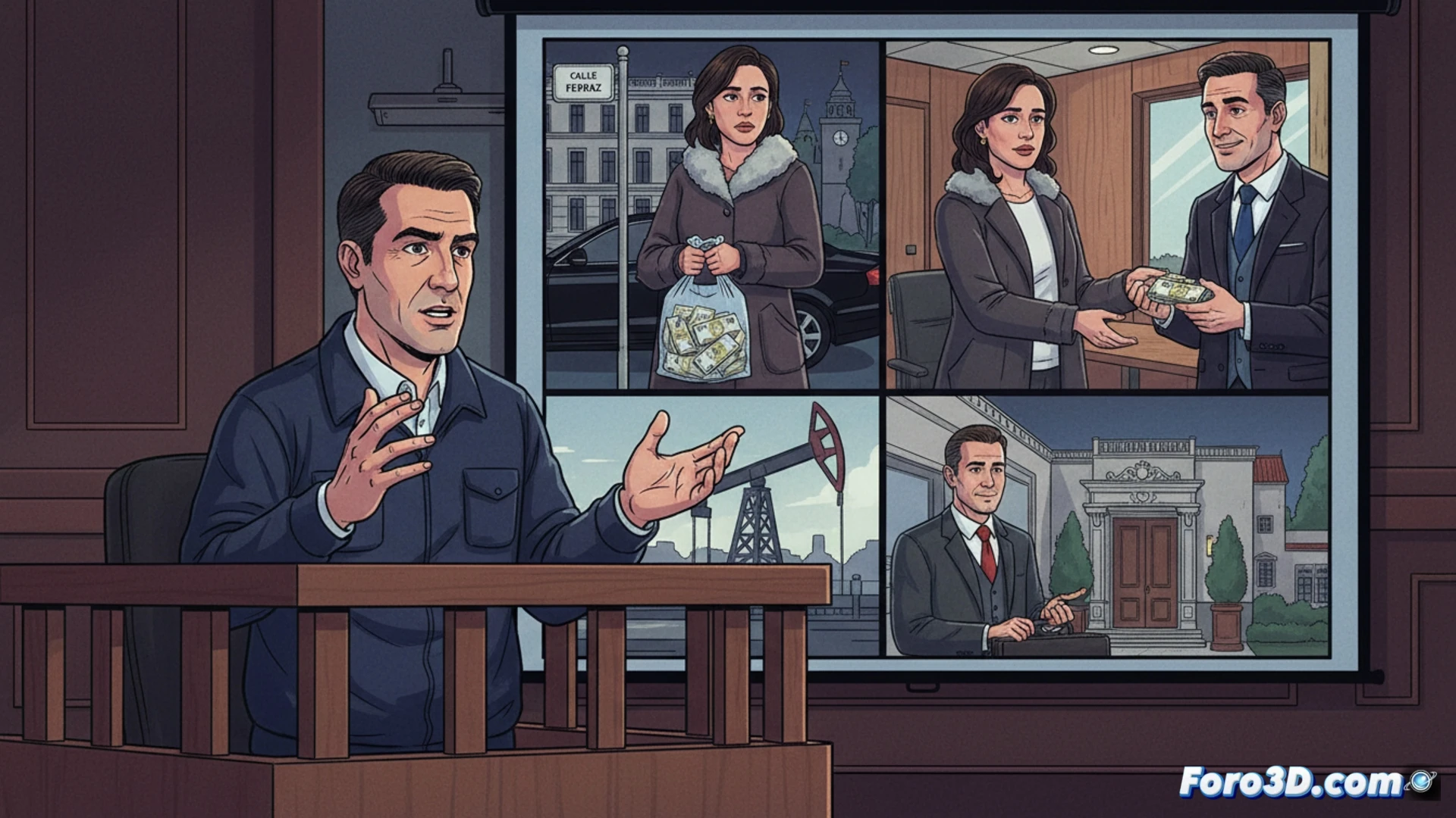 Chofer observa a empresaria bajando con bolsa de billetes en Ferraz, tras pasar por oficinas previas.