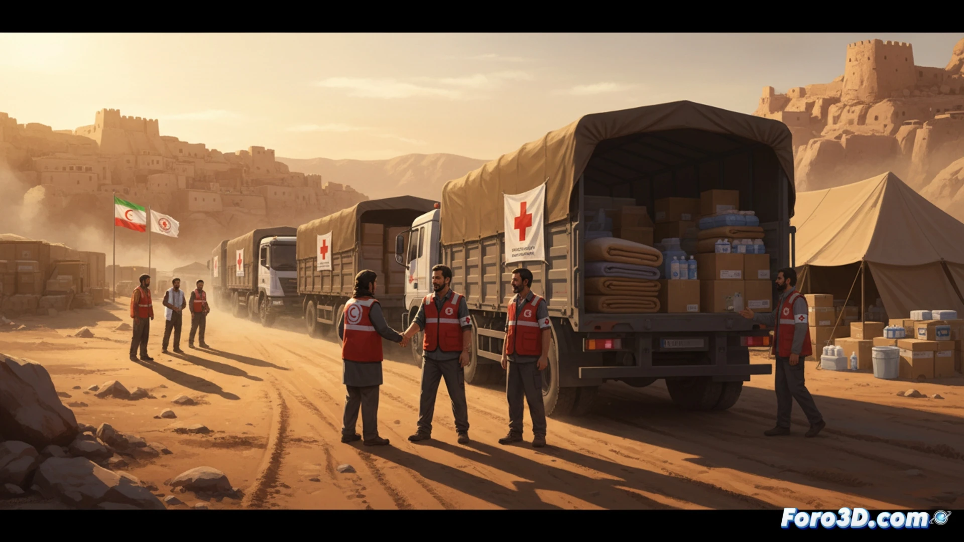 Un convoy de cinco camiones del CICR, cargados con ayuda humanitaria, llega a Irán para ser recibido por la Media Luna Roja local.