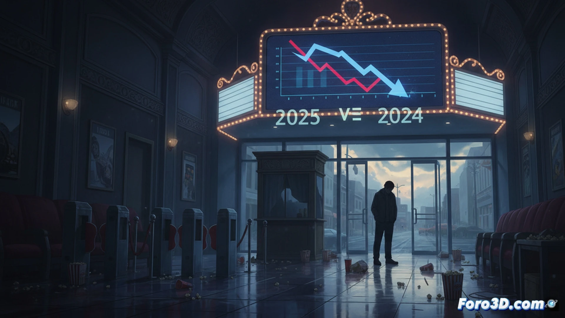 Una sala de cine semivacía, con sillas rojas vacías y una pantalla que muestra cifras de descenso de público.