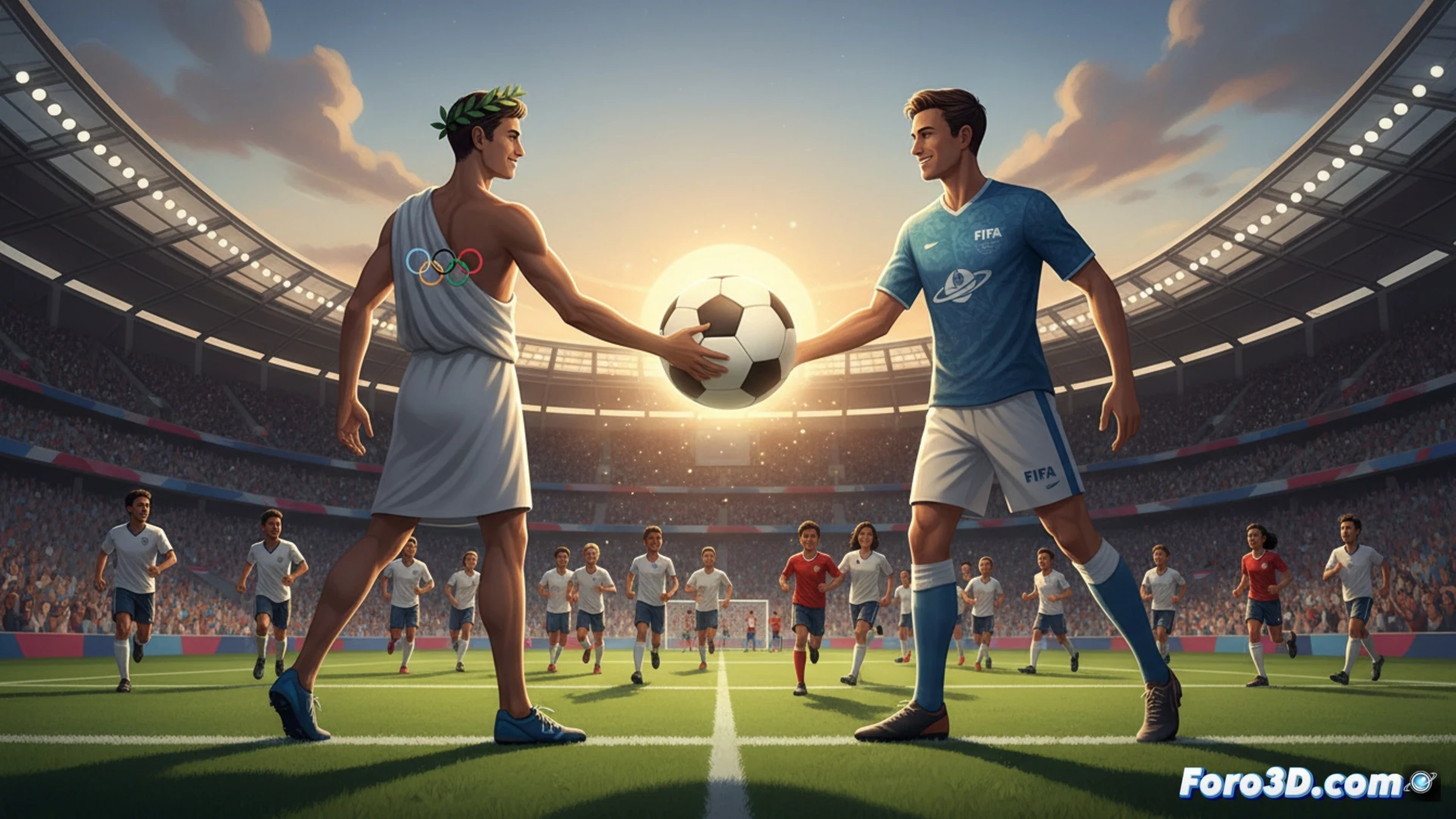 Dos dirigentes, uno del COI y otro de la FIFA, estrechan manos sobre un mapa del mundo. Balones de fútbol y aros olímpicos flotan entre ellos.