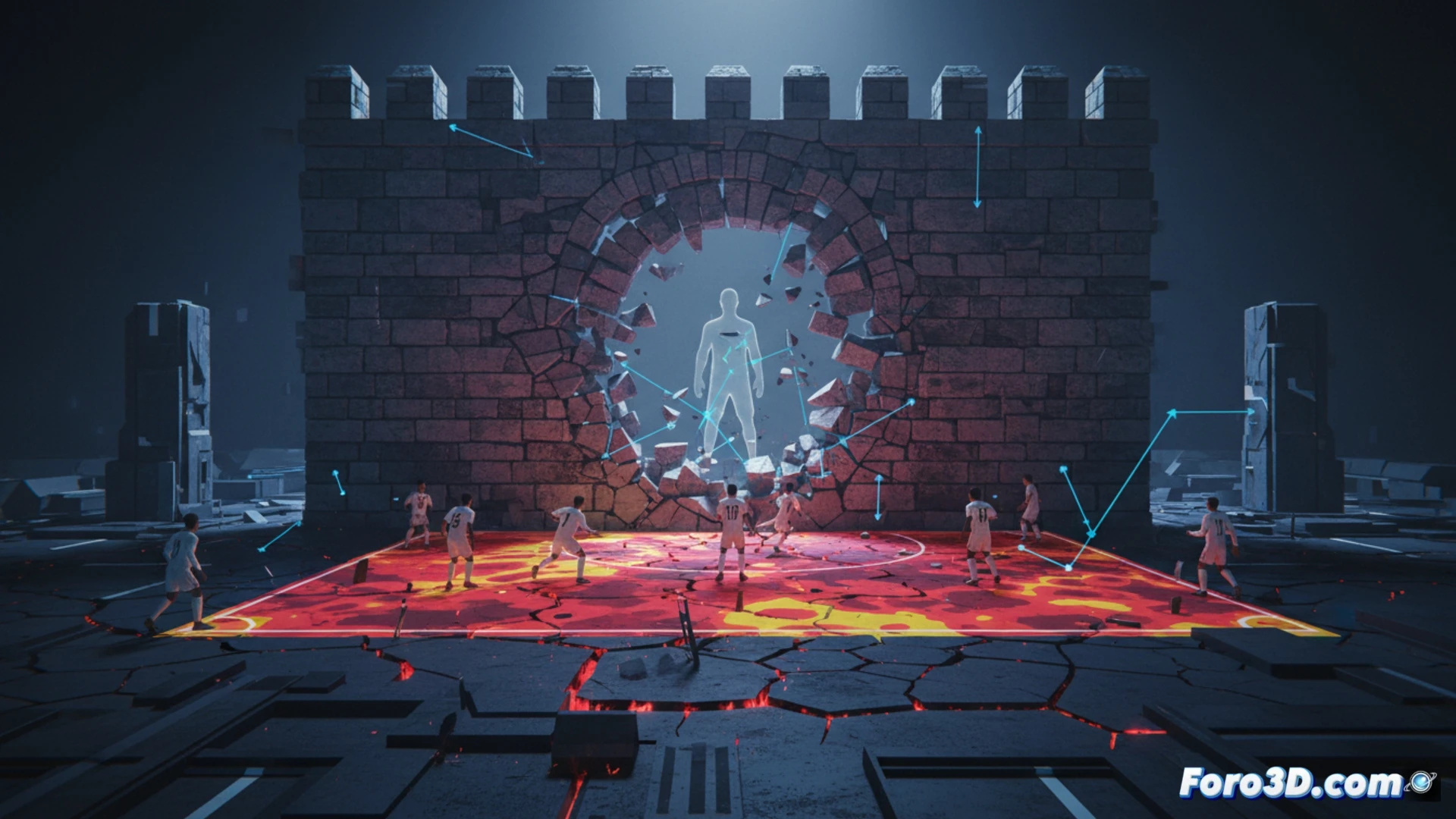 Reconstruccion 3D de jugada defensiva del Real Madrid mostrando espacios y fragilidad sin Courtois