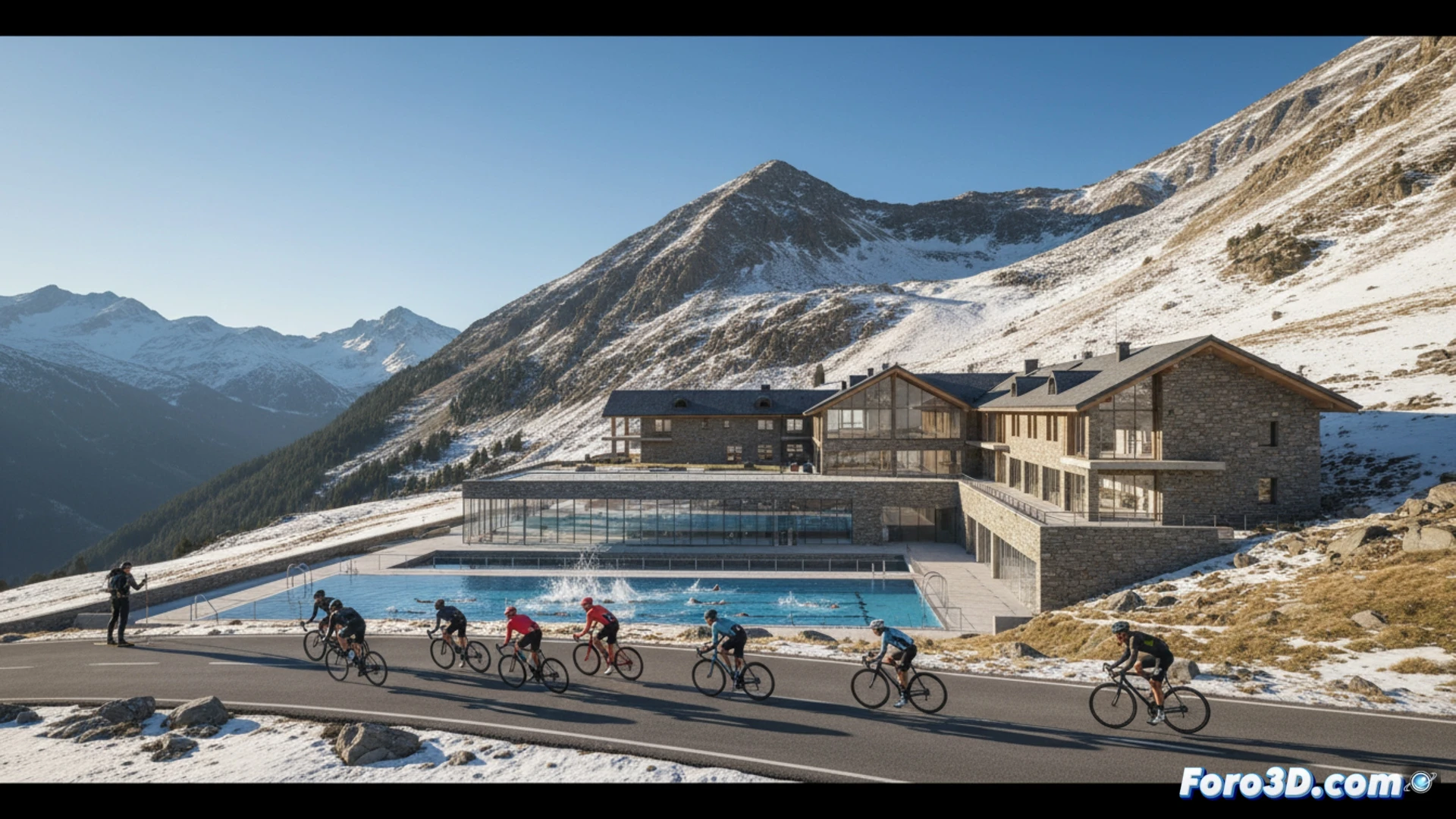 Una montaña con edificios renovados y deportistas entrenando, bajo un cielo despejado en un entorno alpino.