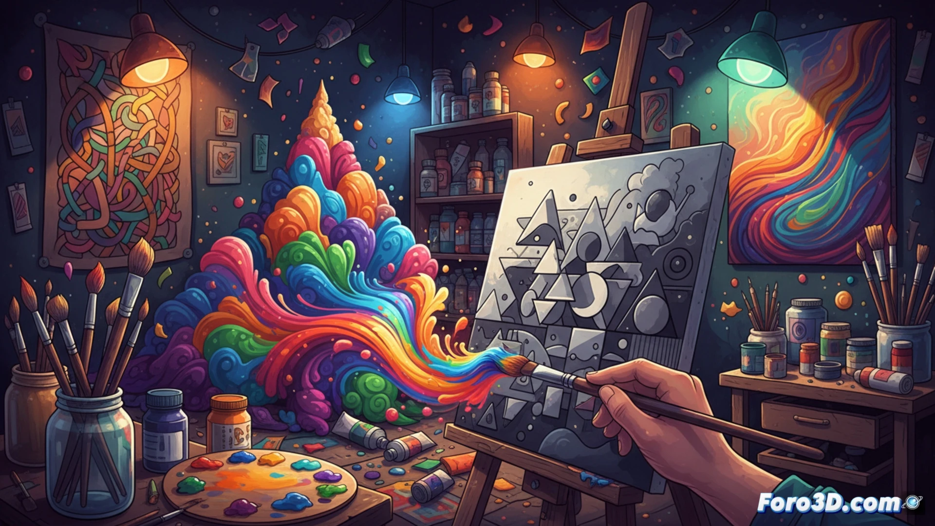 Una ilustración que muestre una mano digital sosteniendo una paleta de colores vibrantes, con una rueda cromática girando en segundo plano. Fragmentos de teoría del color, como círculos de contraste y escalas de valor, flotan alrededor. Al fondo, un lienzo abstracto con formas geométricas bien definidas en blanco y negro, que se iluminan gradualmente con tonos saturados, simbolizando la transición de la estructura al color. La composición transmite equilibrio entre técnica y creatividad, sin ansiedad.